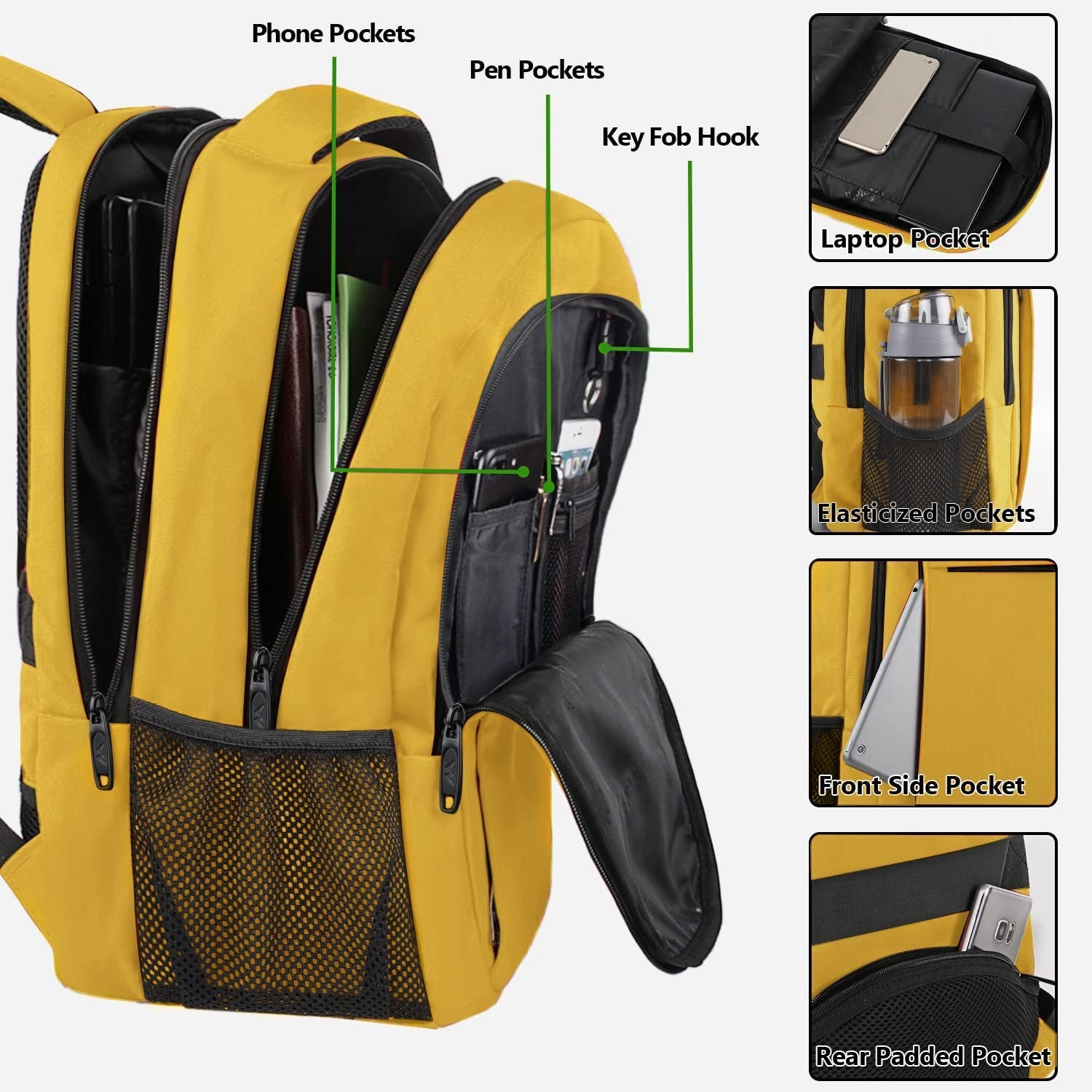 Yellow Travel Laptop Backpack for 15.6" Computer, Student Bookbag, Durable & Sty2