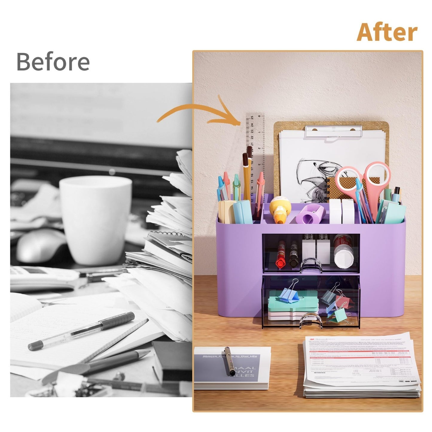 Multi Functional Desk Organizer with 2 Drawers, 5 Compartments, Pencil Holder  6