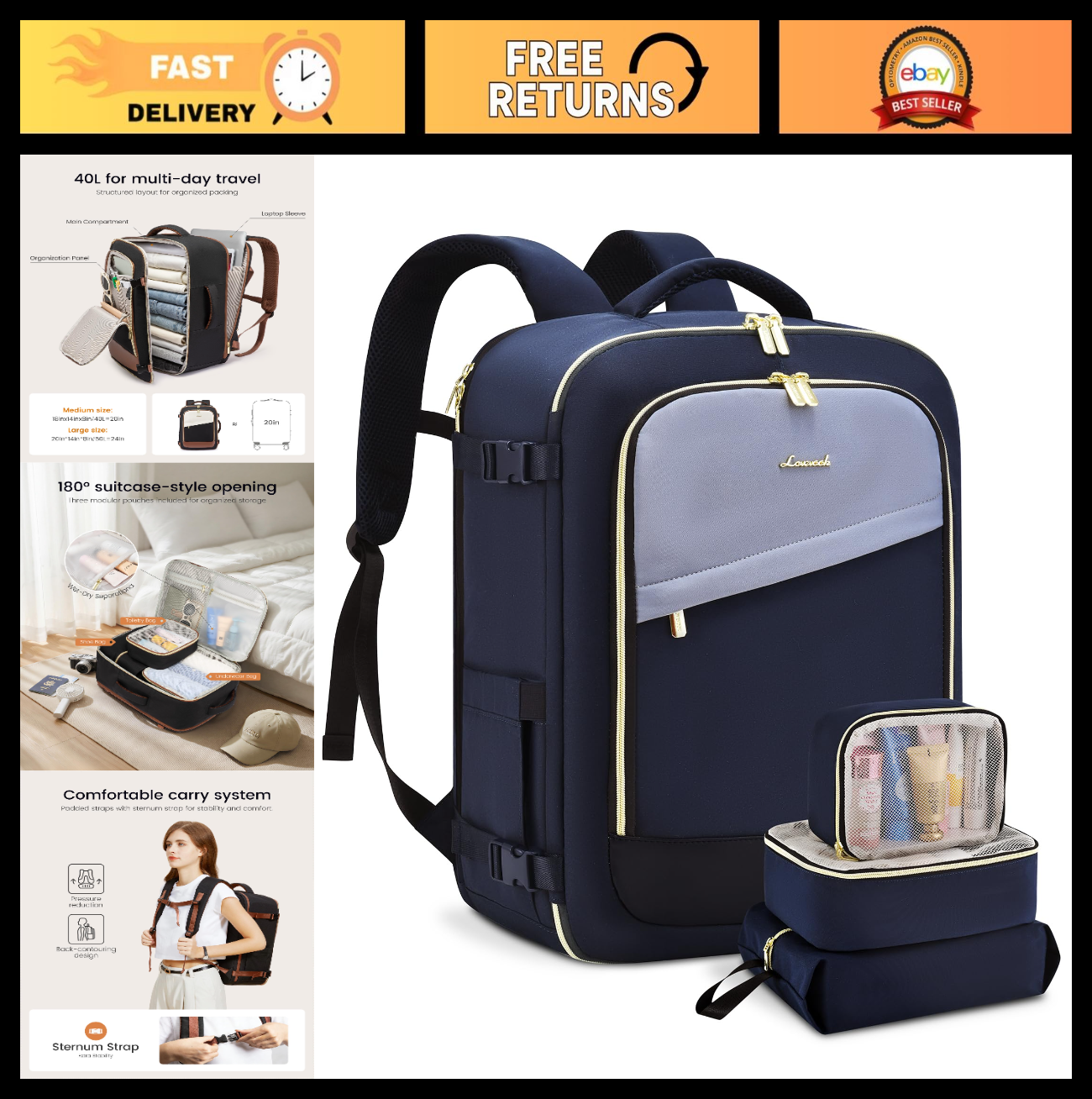 40L Travel Backpack for Women, TSA Approved Carry-On, Fits 17" Laptop, Waterproo0