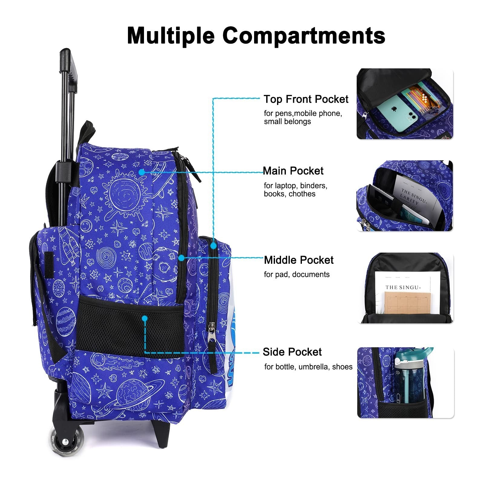 Wheeled Kids Backpack 18" with Lunch Bag, Double Handle, Spaceship Design3