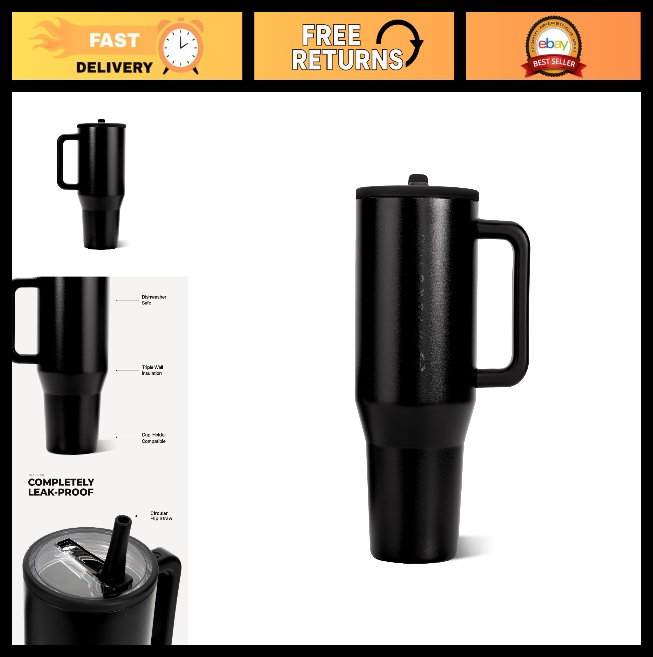 40oz Insulated Tumbler with Handle & Straw, Travel Mug, Black Water Bottle0