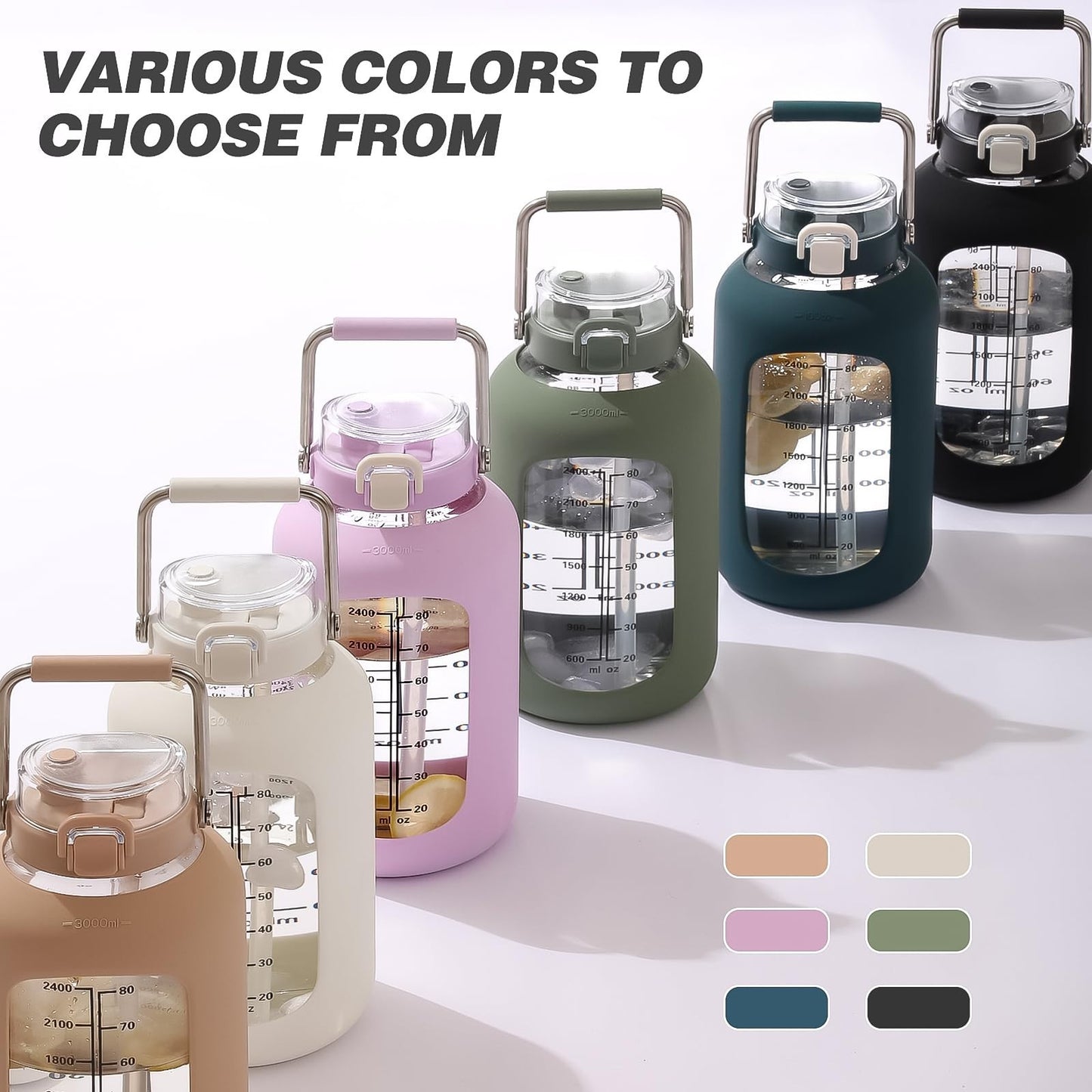 100oz BPA-Free Glass Water Bottle with Time Marker & Silicone Sleeve - 3L Gallon6