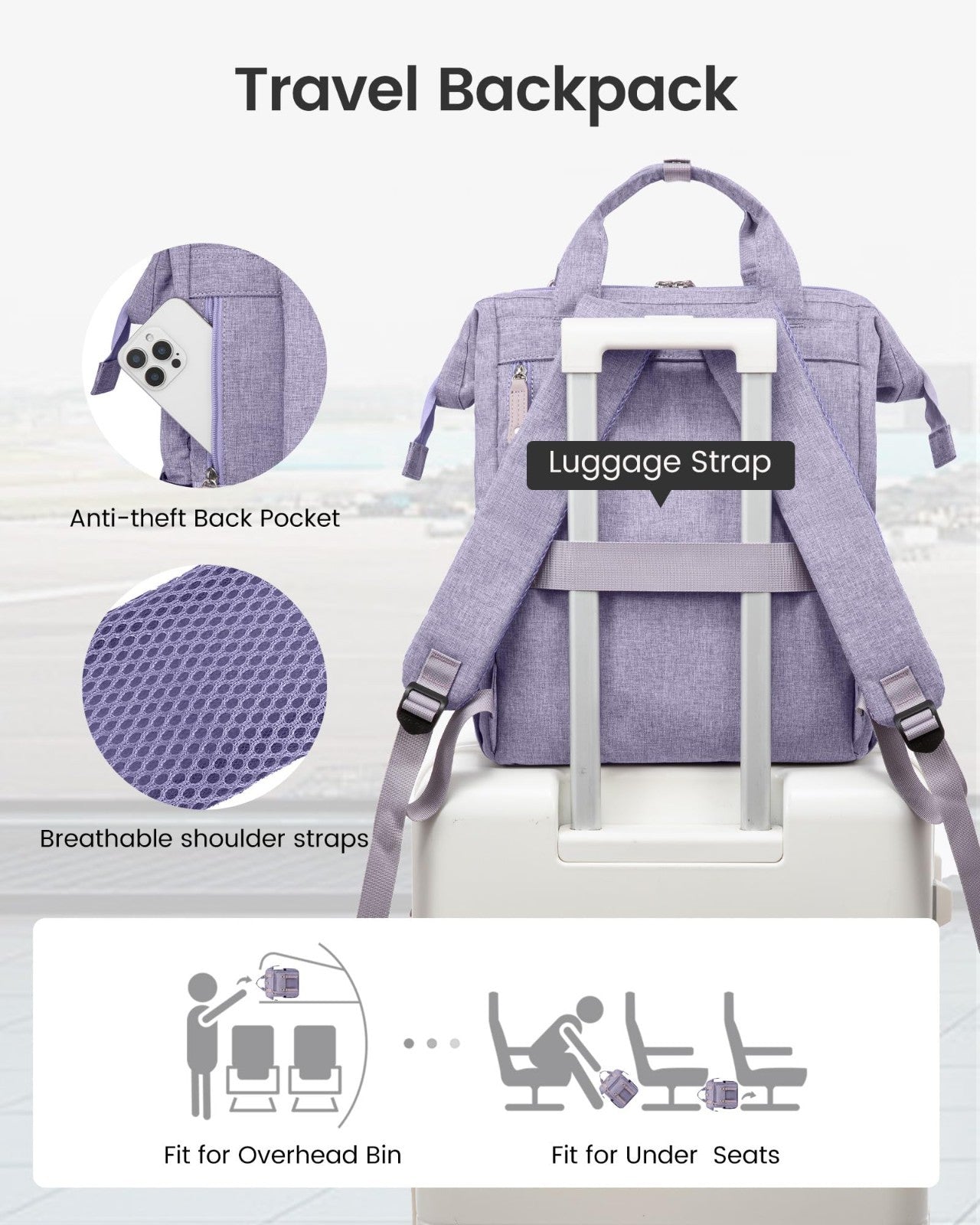 Stylish 15.6" Laptop Backpack for Women, Waterproof Travel Bag, Anti Theft, Purp3