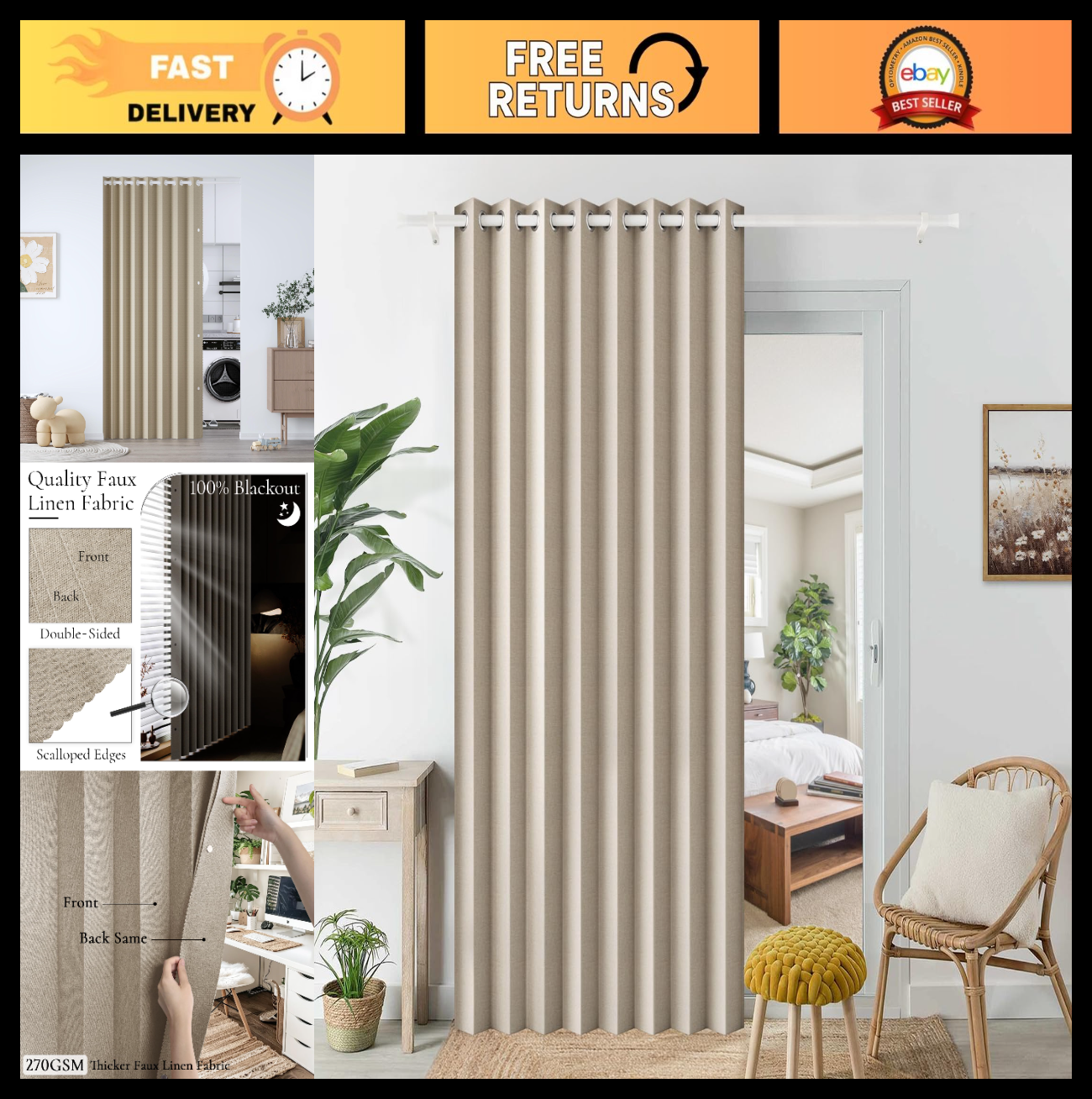 100% Blackout Magnetic Pinch Pleated Curtain   Accordion Door Cover, 60"x80", Ta0