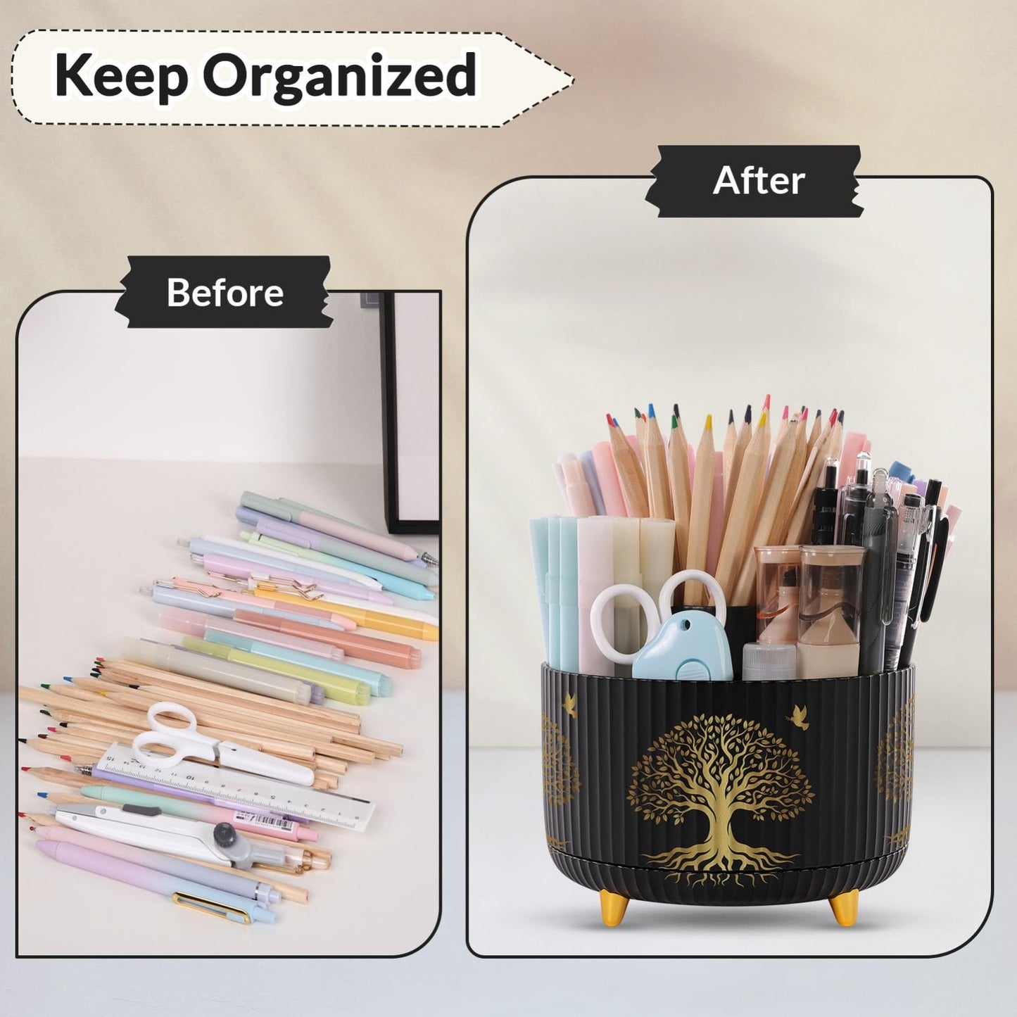 360° Rotating Desk Pen Holder with 5 Slots   Tree of Life Design, Organizer4