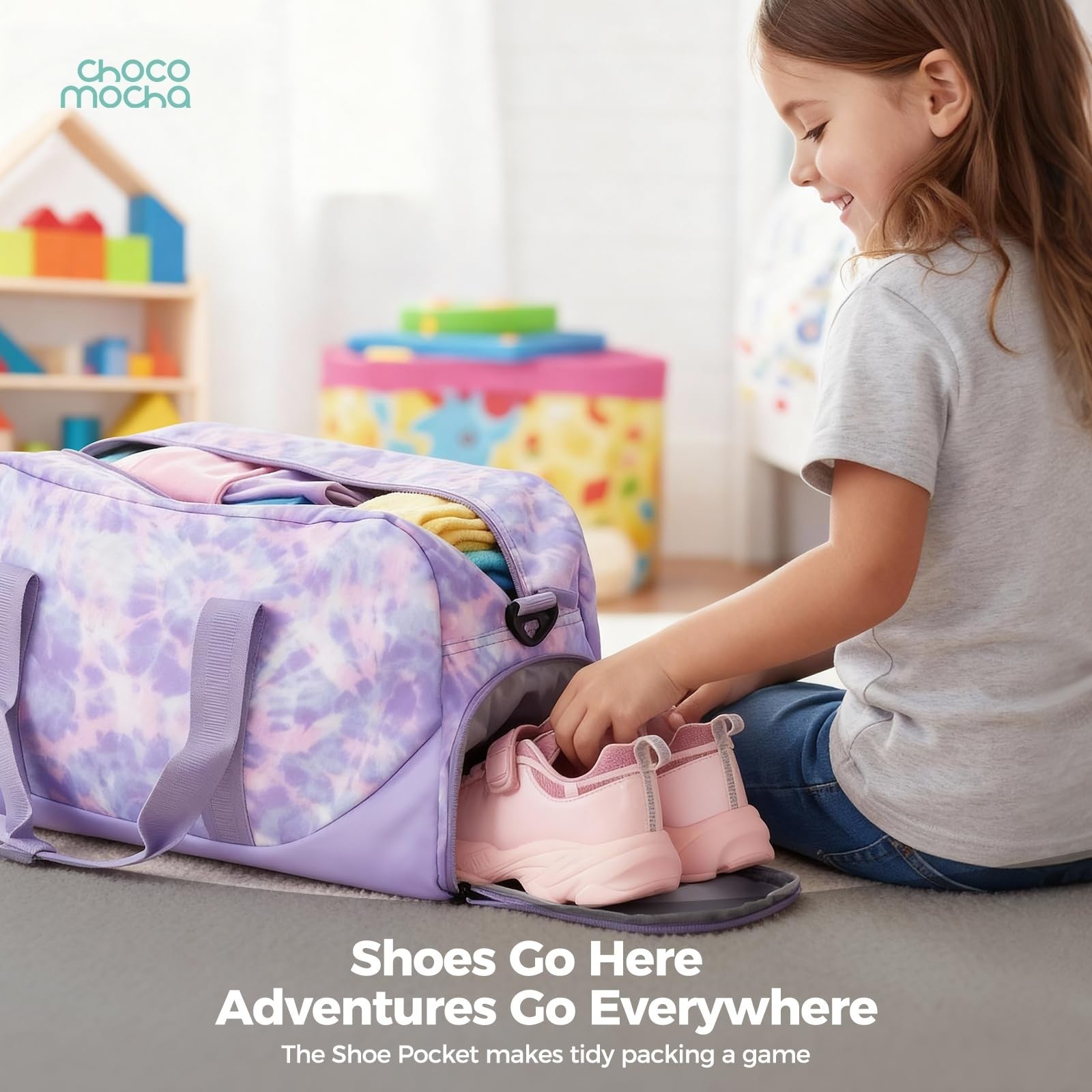 Girls Tie Dye Duffle Bag for Kids, Large Overnight Travel Bag with Shoe Compartm3