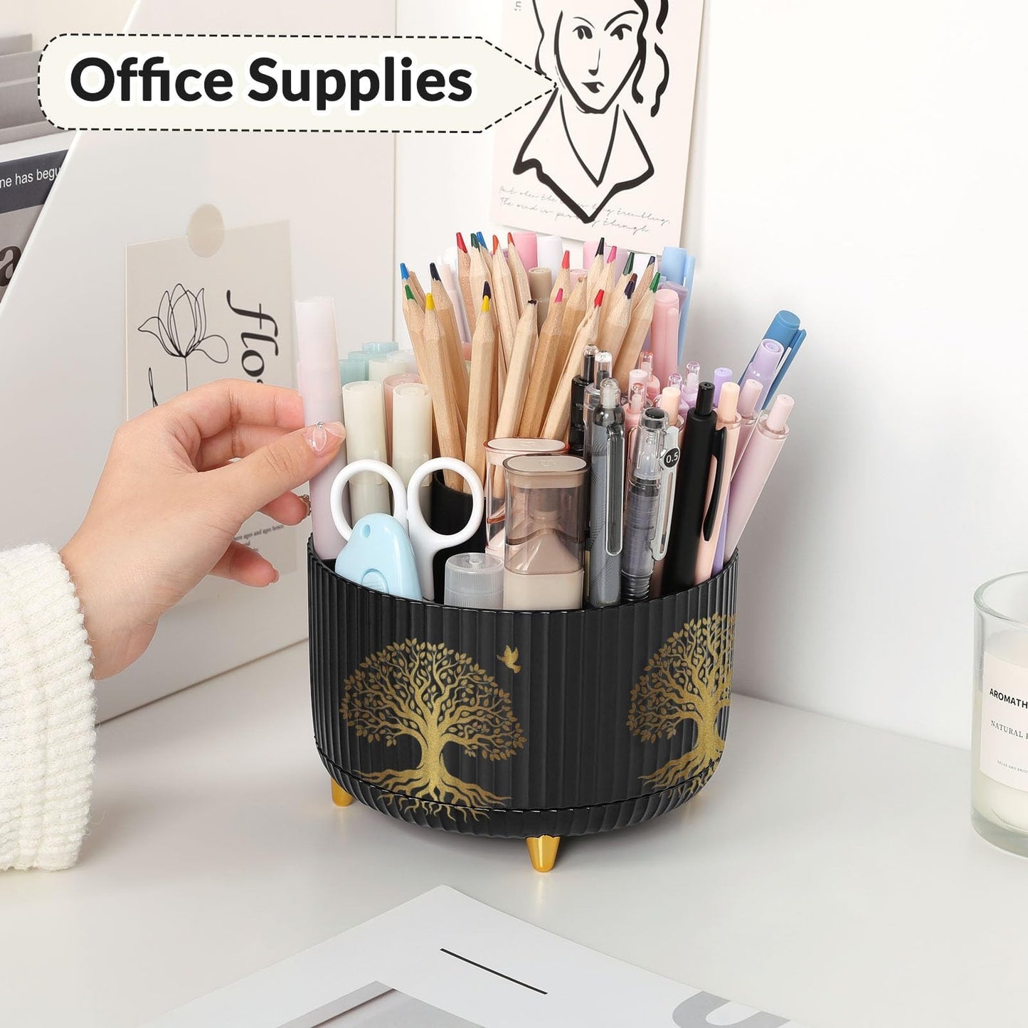 360° Rotating Desk Pen Holder with 5 Slots   Tree of Life Design, Organizer3