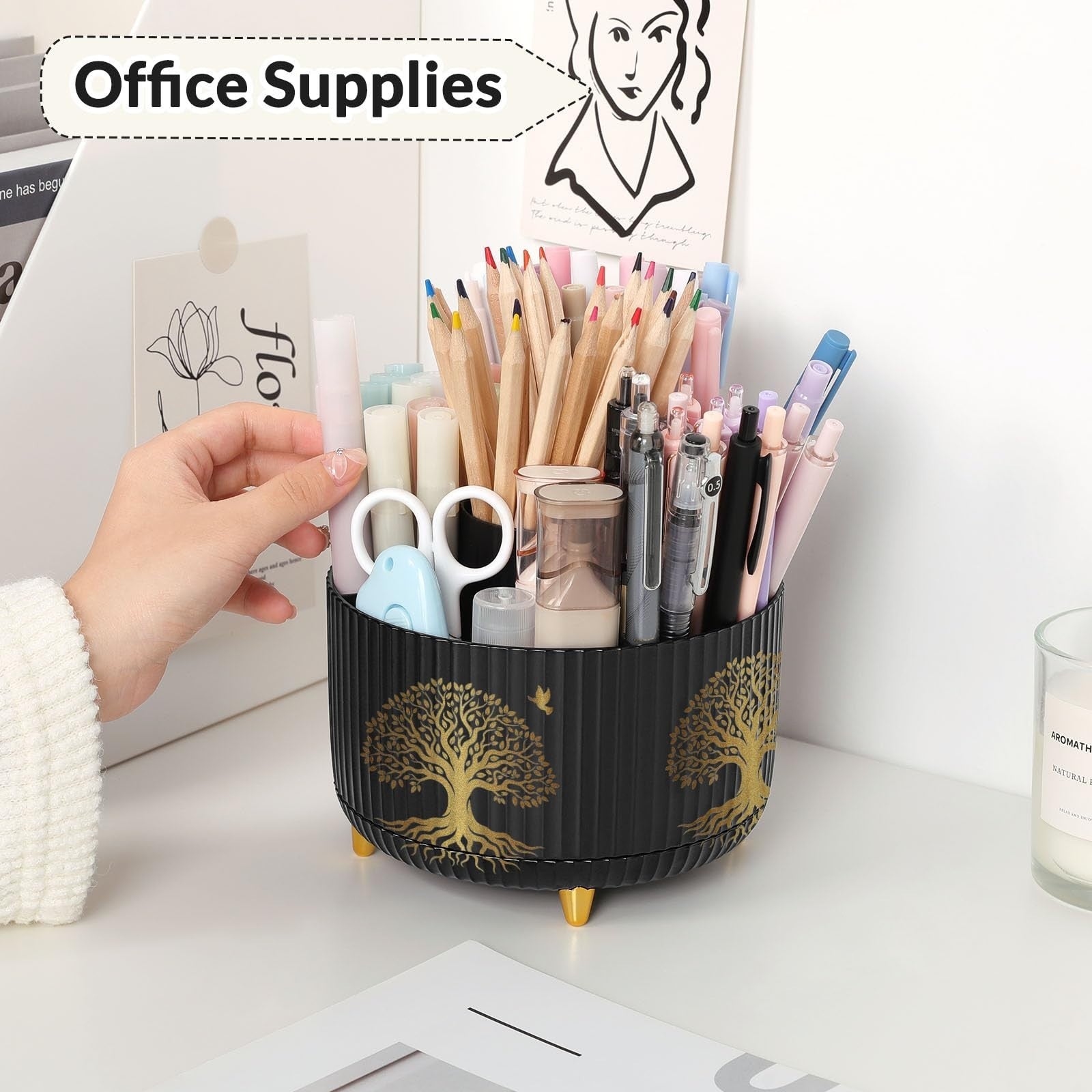 360° Rotating Desk Pen Holder with 5 Slots   Tree of Life Design, Organizer3