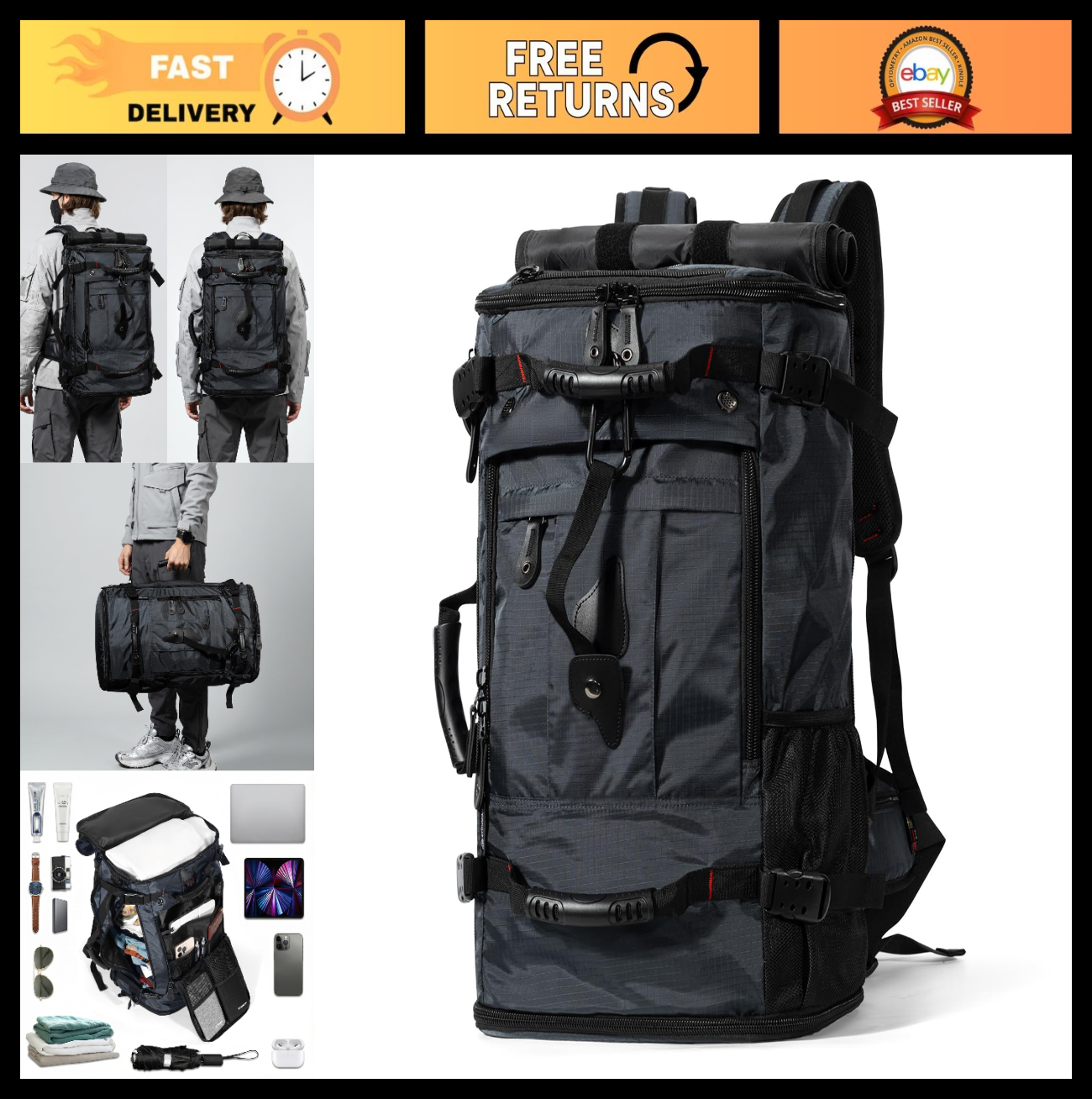Large Capacity Travel Hiking Sports Backpack Duffle Bag 60L Convertible Laptop B0