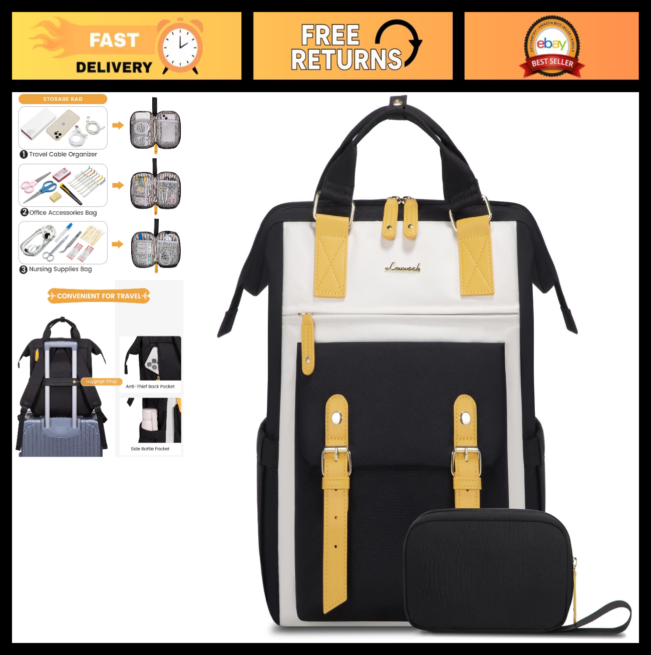 Stylish 17.3" Laptop Backpack for Women, Water Resistant Work Travel Bag, Y Beig0