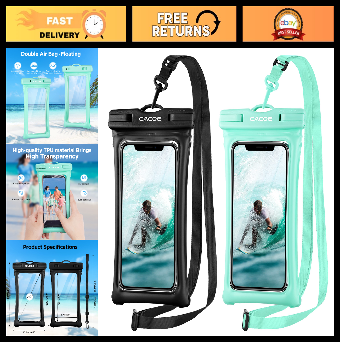 Waterproof Phone Pouch 2 Pack   Floatable IPX8 Case for Beach, Travel, Kayak, Ca0