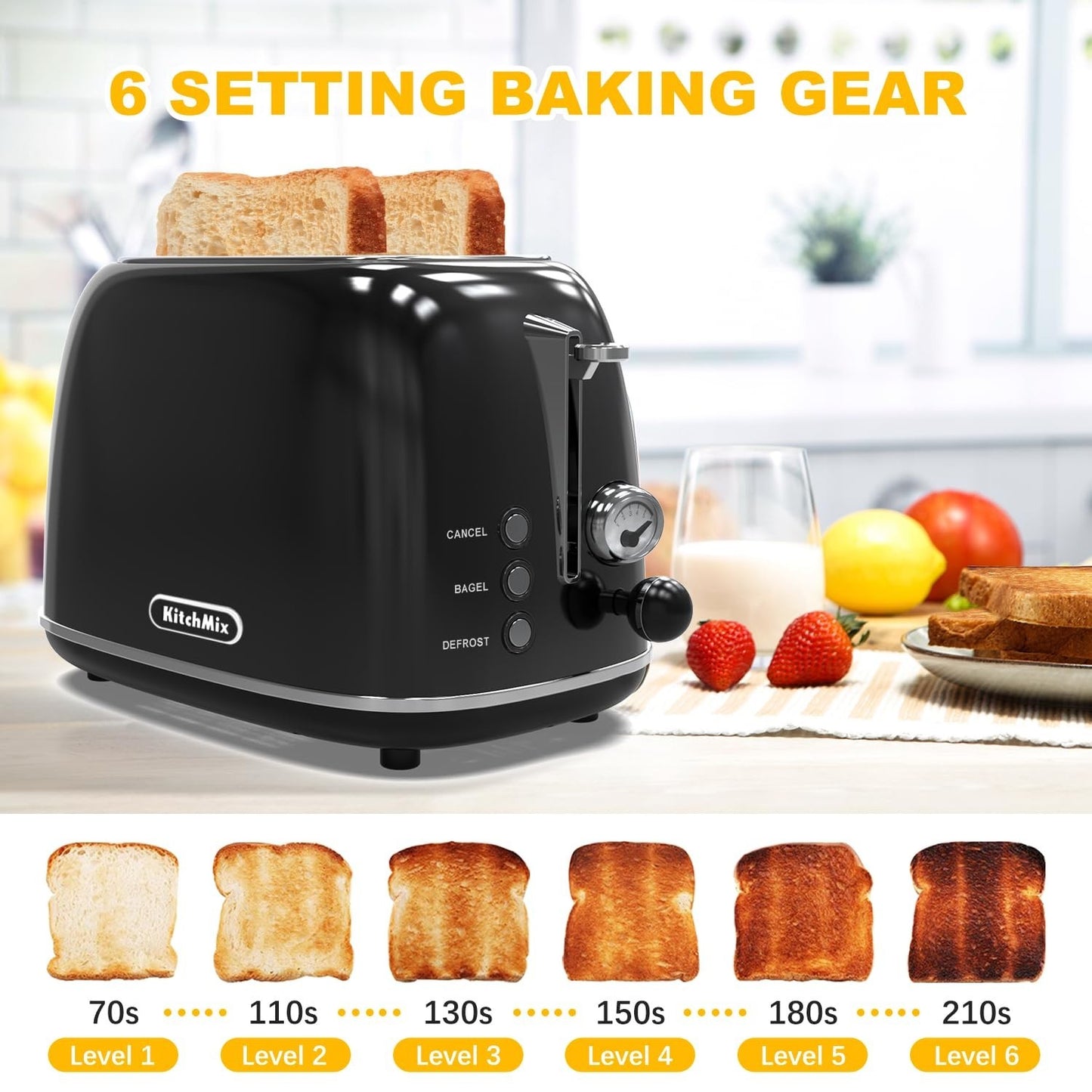 Retro Stainless Steel 2 Slice Toaster with 6 Settings, Extra Wide Slots, Bagel &3