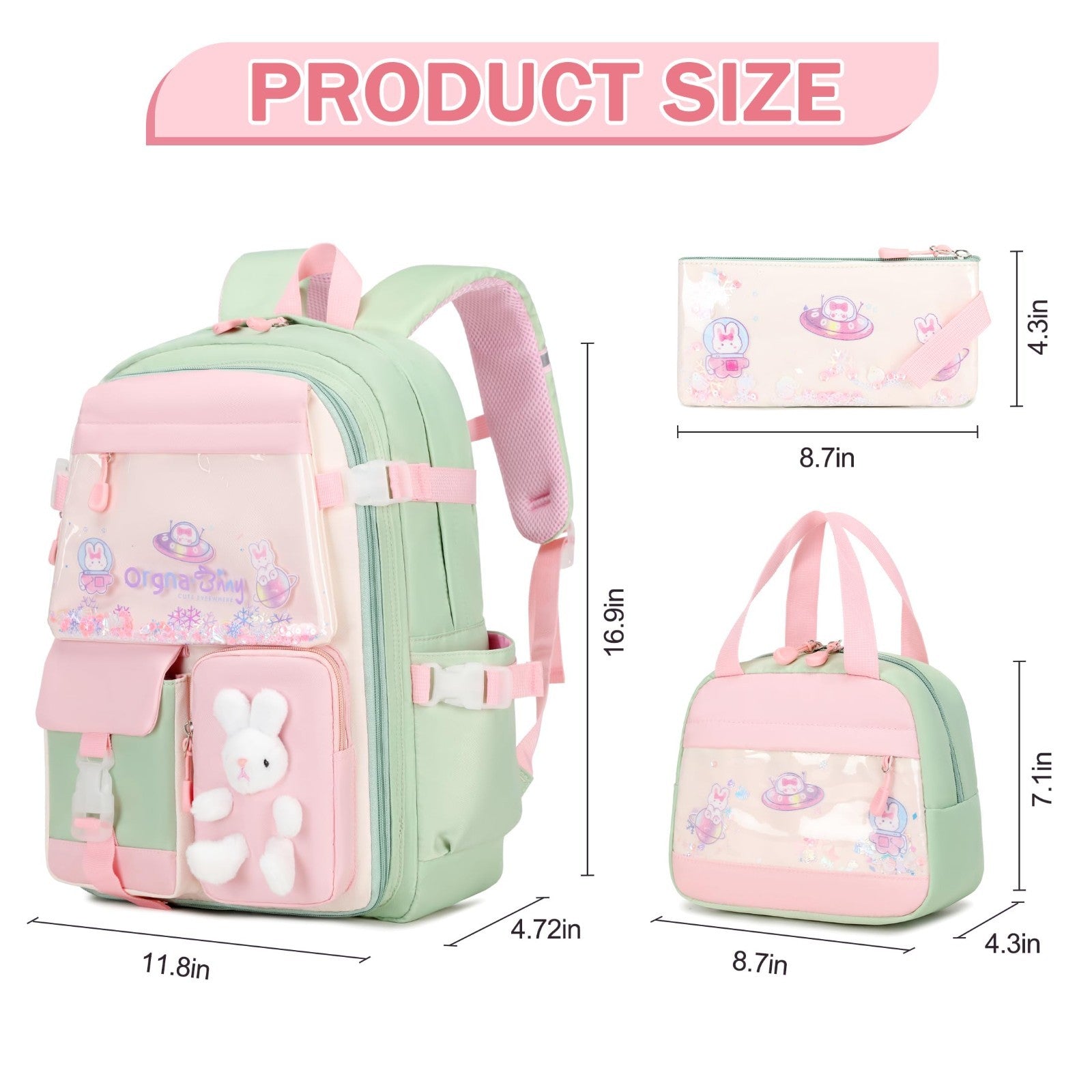 Kawaii Bunny Girls Backpack Set   3PCS School Bag with Lunch Box & Pencil Case  2