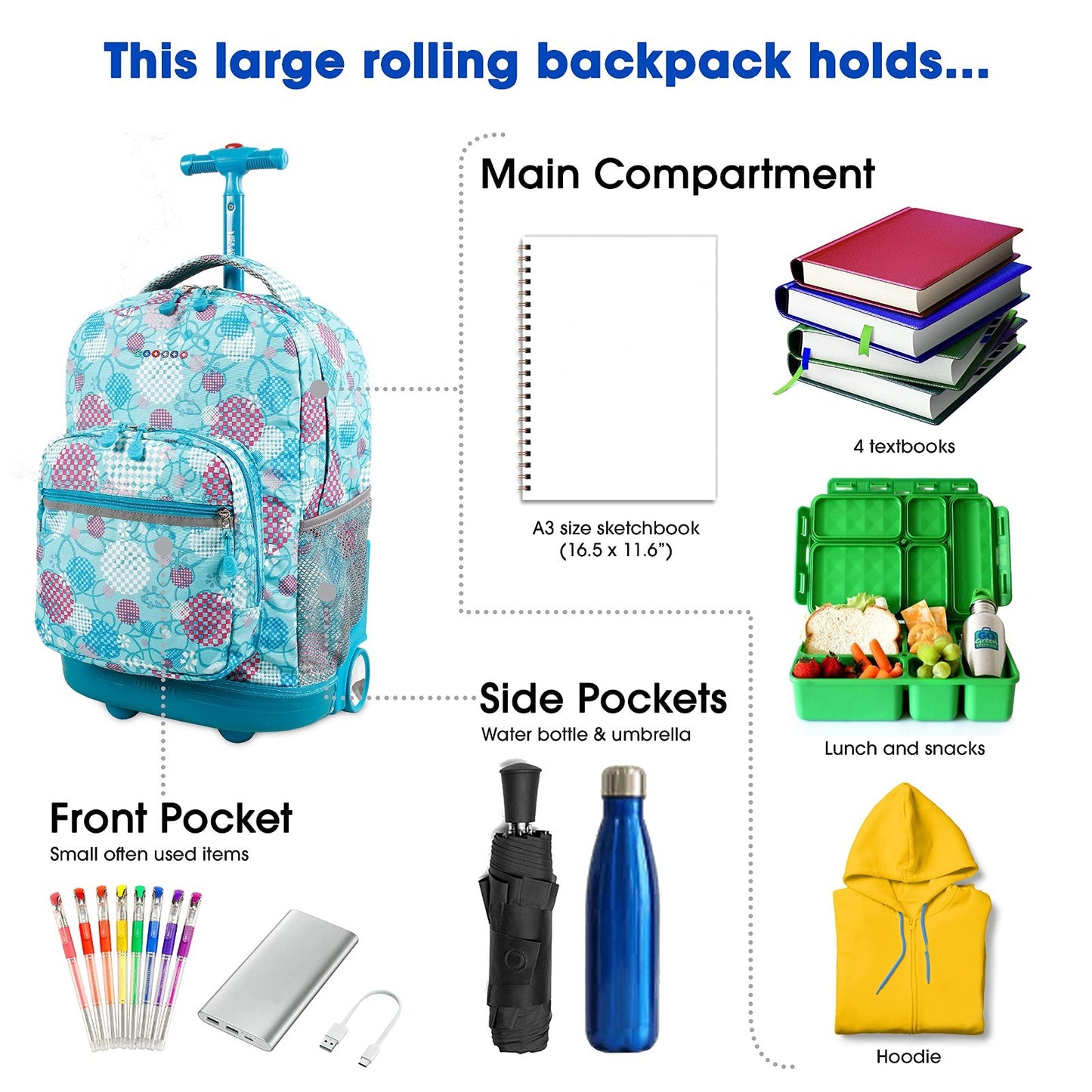 Kids Rolling Backpack with Wheels, School Roller Bookbag for Girls & Boys, 18"x13