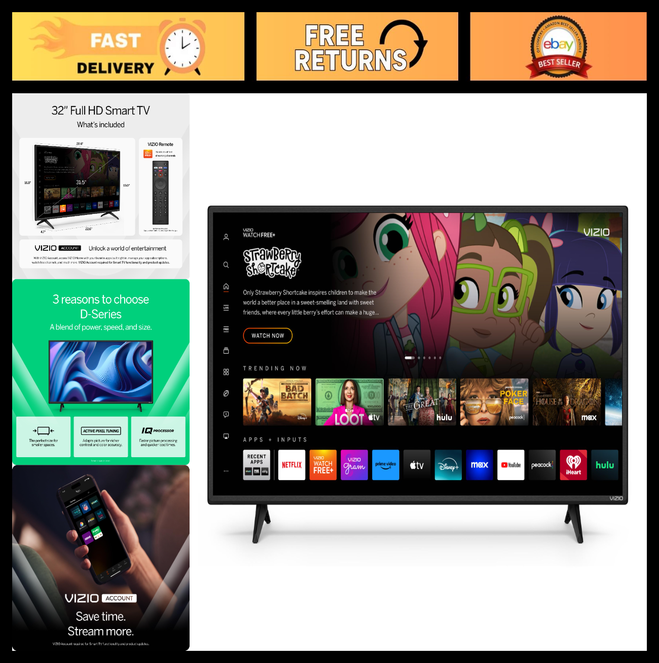 32" Full HD Smart TV 1080p, Apple AirPlay, Chromecast, Alexa Compatible, 2022 Mo0