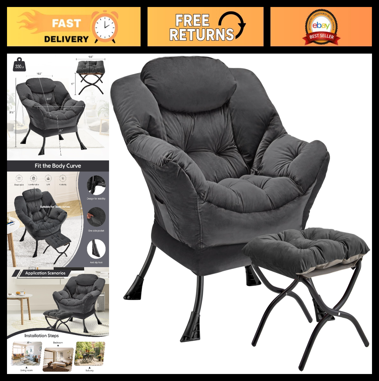 Modern Folding Ottoman Lazy Chair - Large Accent Armchair for Bedroom, Office &0