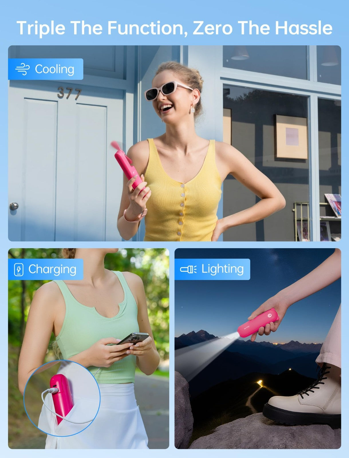 3 in 1 Portable Fan with Power Bank & Flashlight | USB Rechargeable, 19H Cooling2
