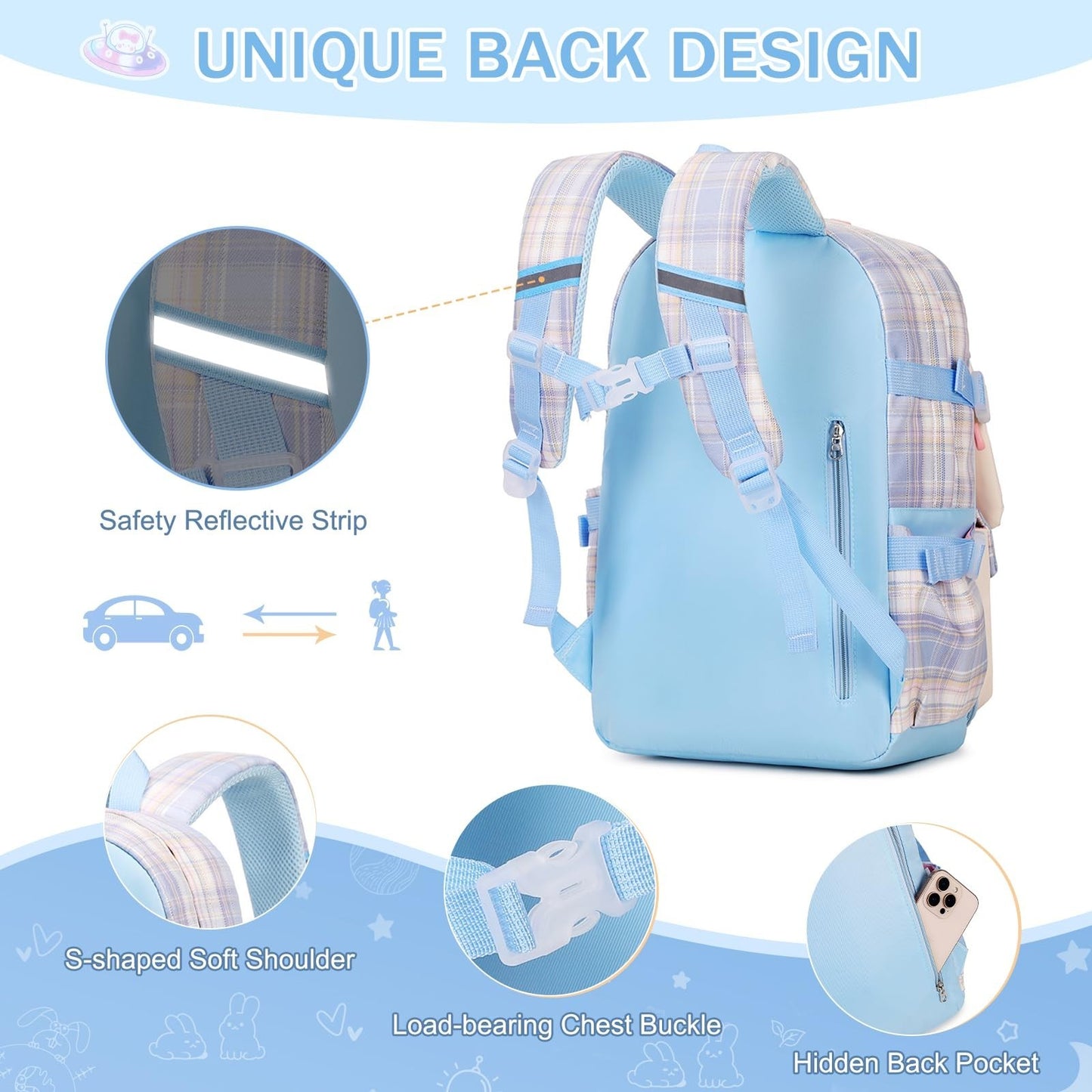 Kawaii Bunny Girls Backpack Set   3PCS School Bag with Lunch Box & Pencil Case,2