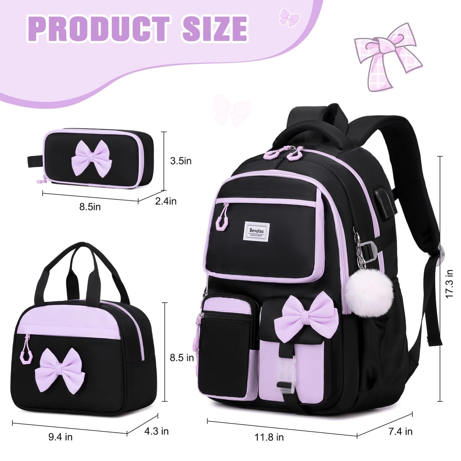 Cute Bow Backpack for Girls   School Bag Set with Lunch Bag & Pen Case2