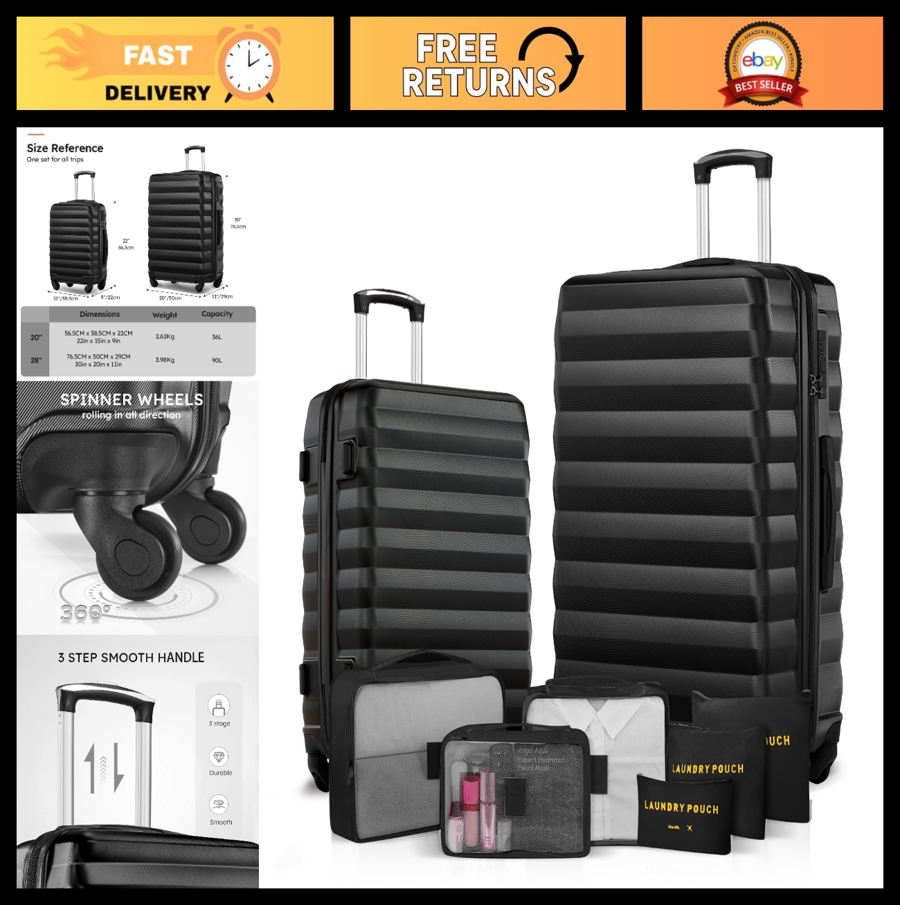 2 Piece Luggage Set - 20" & 28" Hardshell Suitcases with Spinner Wheels & Travel0