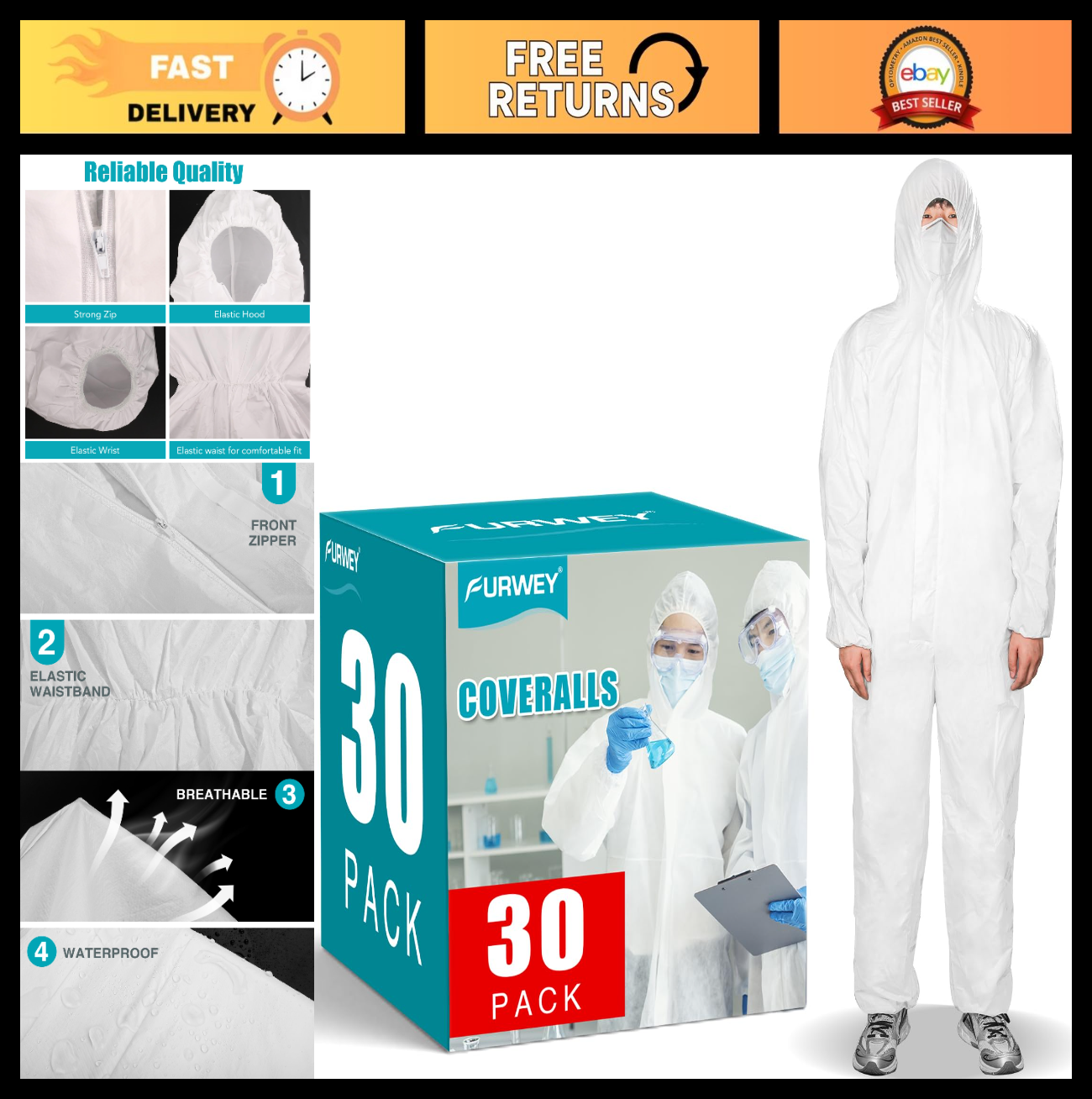 30 Pack Disposable Hazmat Suits   Heavy Duty Full Body Coveralls, 2XL, Elastic W0