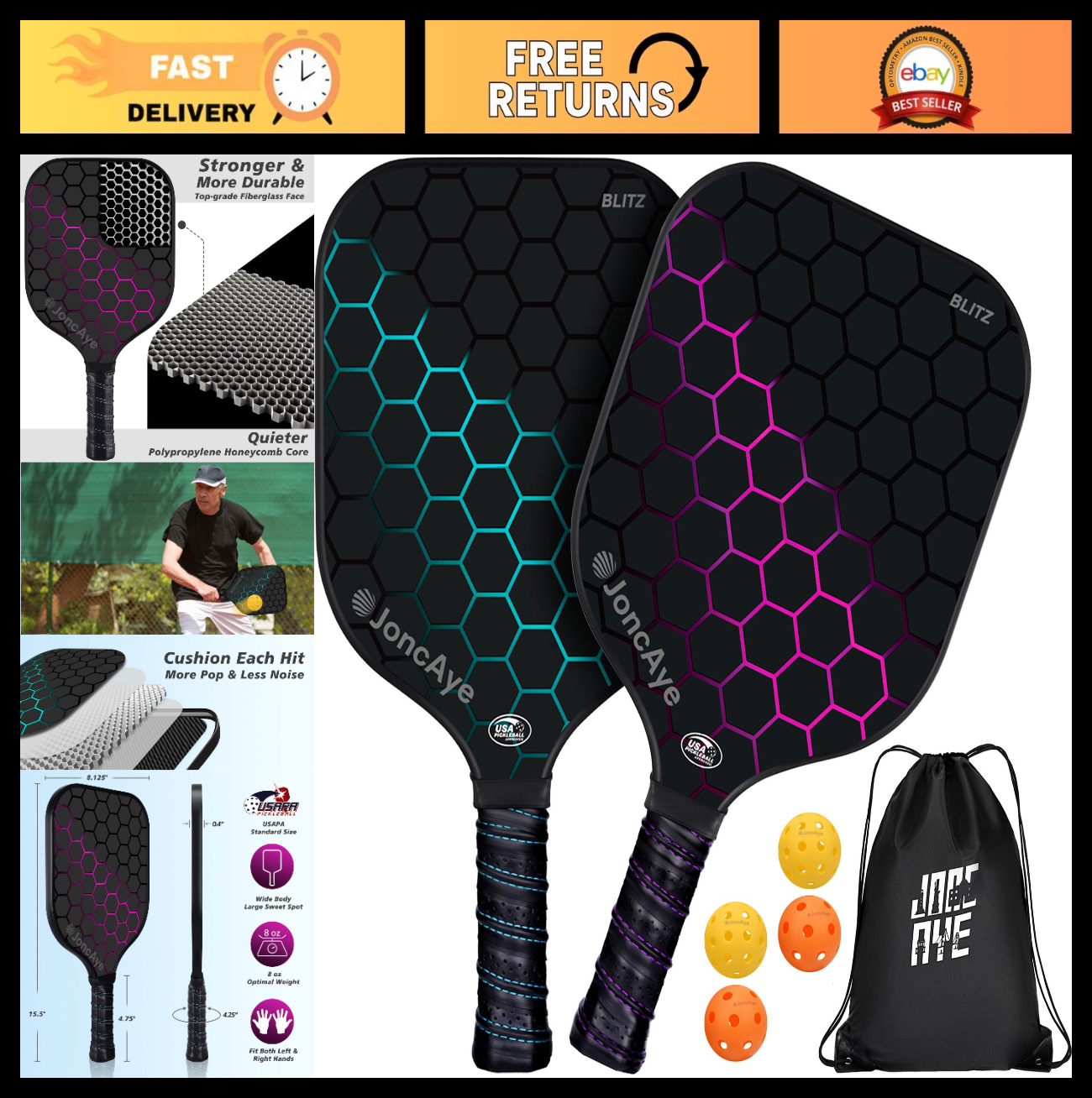 Pickleball Paddle Set of 4 or 2 - USAPA Approved Fiberglass Rackets, Lightweight0