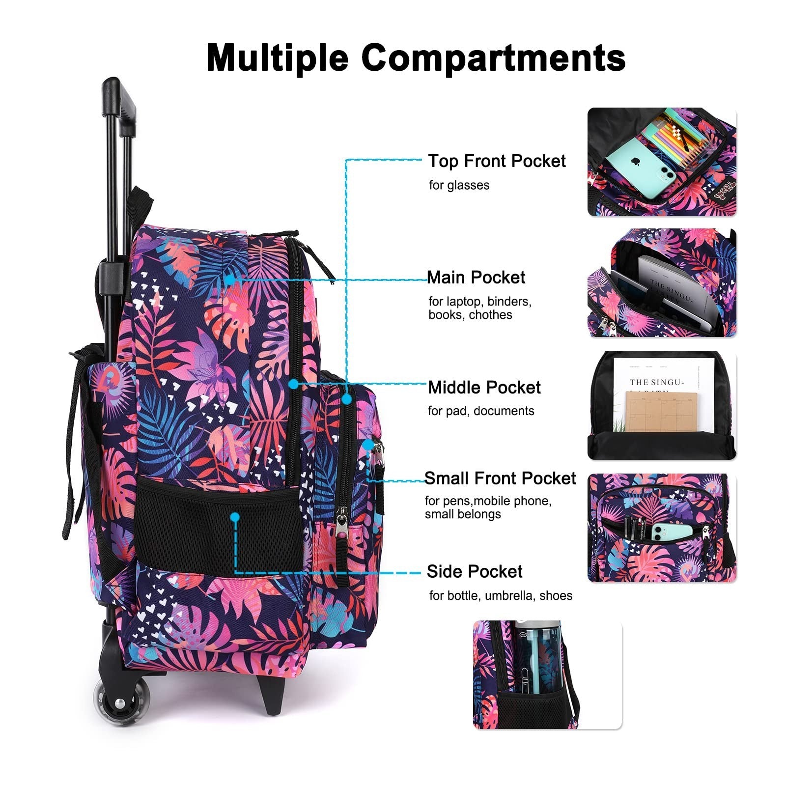 Wheeled Kids Backpack 18" with Lunch Bag, Double Handle, Pink Leaves Design3