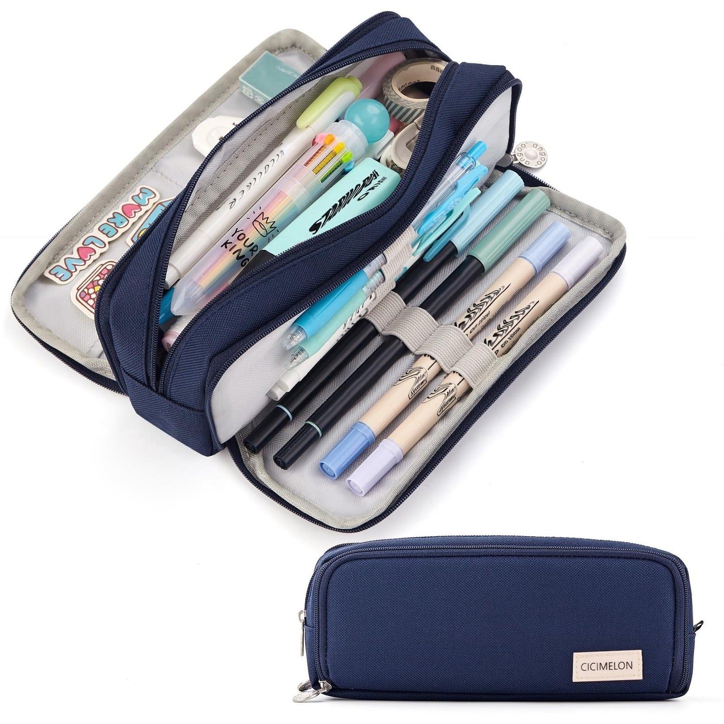 Large Capacity 3 Compartment Pencil Case Pouch Bag for School & Office   Navy1