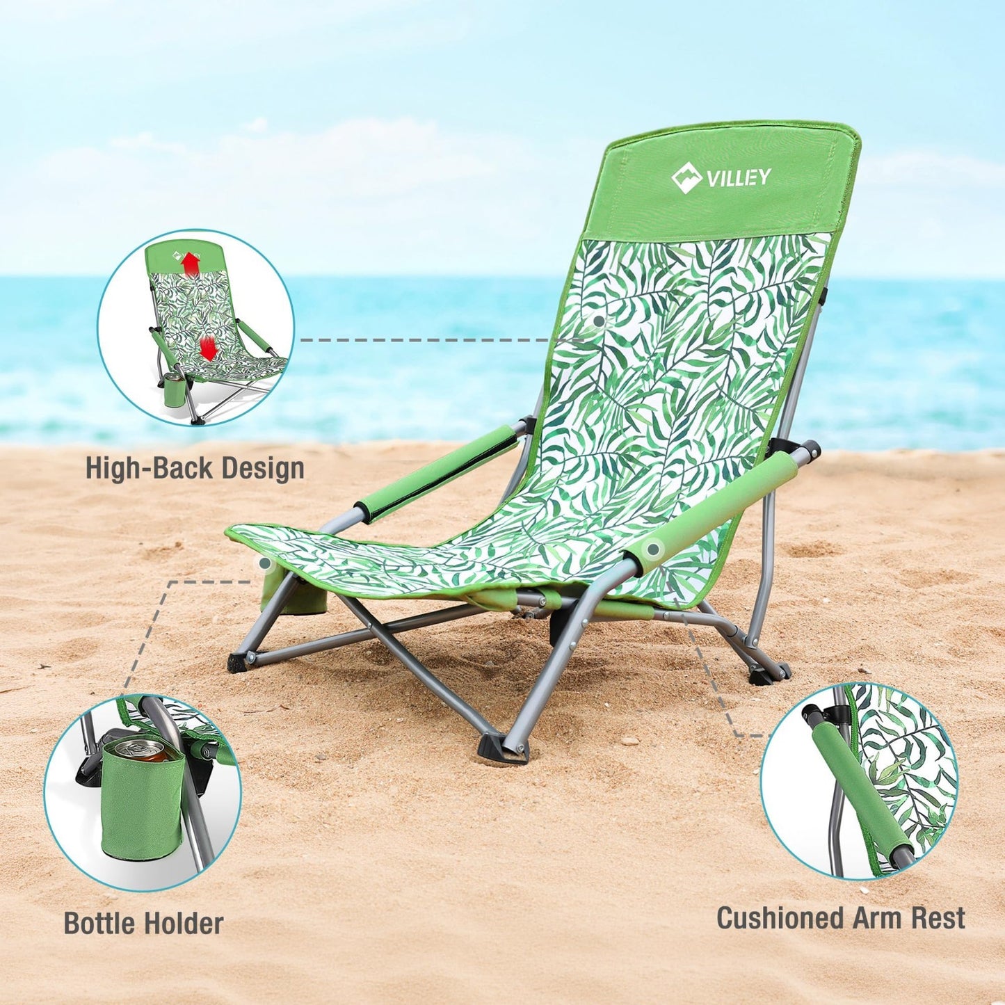 Lightweight Folding Beach Chairs - 2 Pack, High Back, Portable with Cup Holder,7