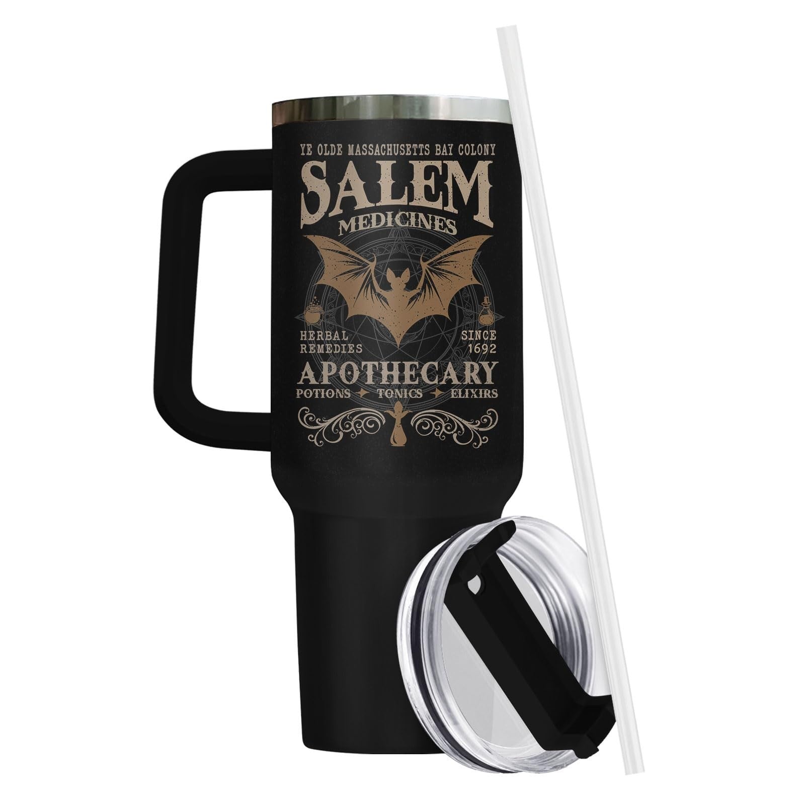 Gothic Insulated Travel Mug 40oz with Handle & Straw   Witch Themed Coffee Tumbl4