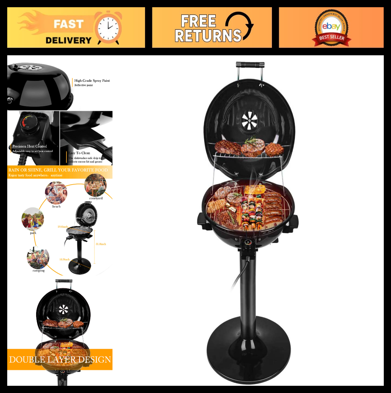 1600W Electric BBQ Grill - 15-Serving Indoor/Outdoor Portable Grill, Double Laye0
