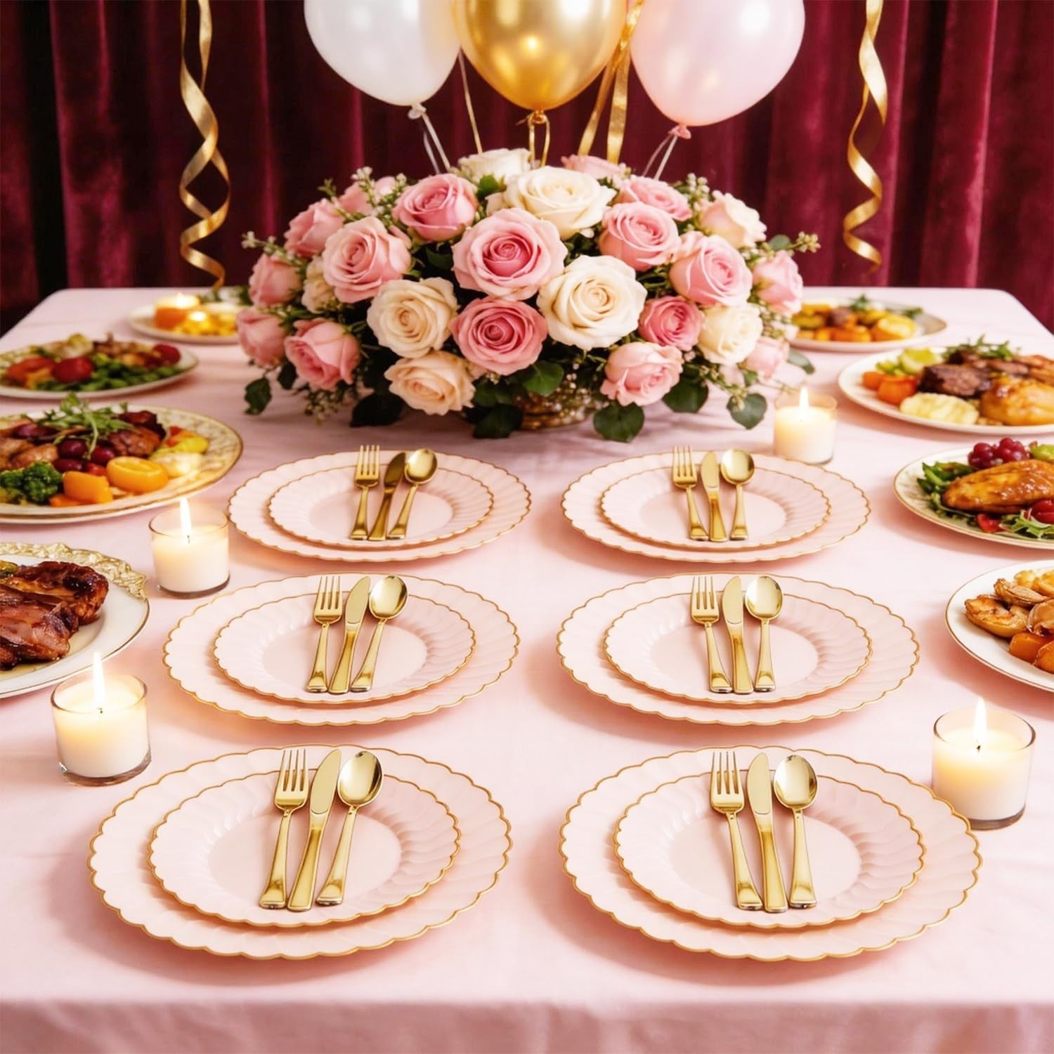 125pcs Pink Scalloped Disposable Plates & Gold Silverware for Party, Baby Shower7