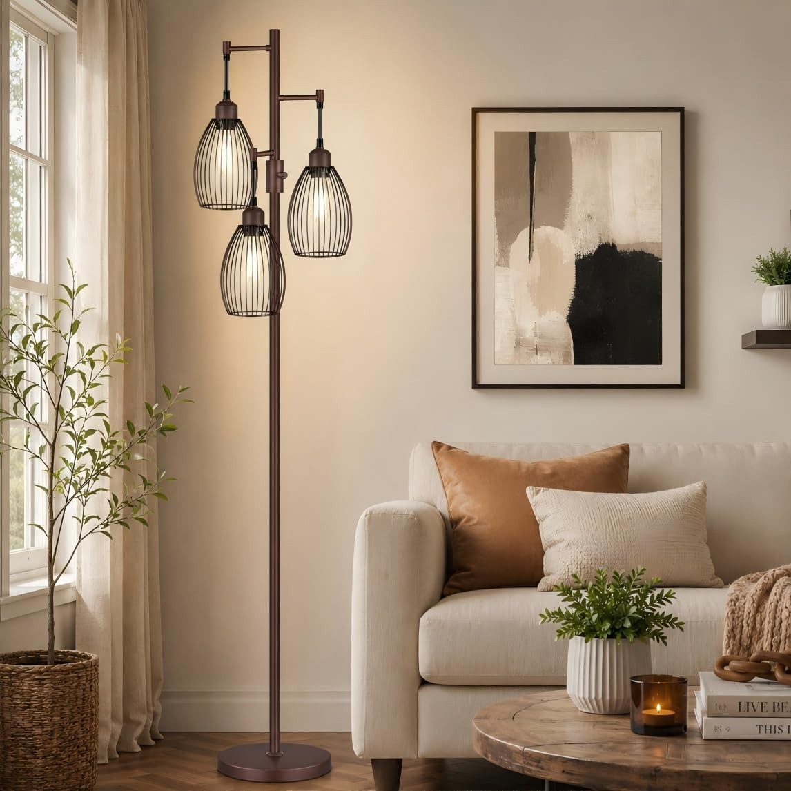 Dimmable Floor Lamp with 3 LED Bulbs, Industrial Tree Design for Living Room, Be0