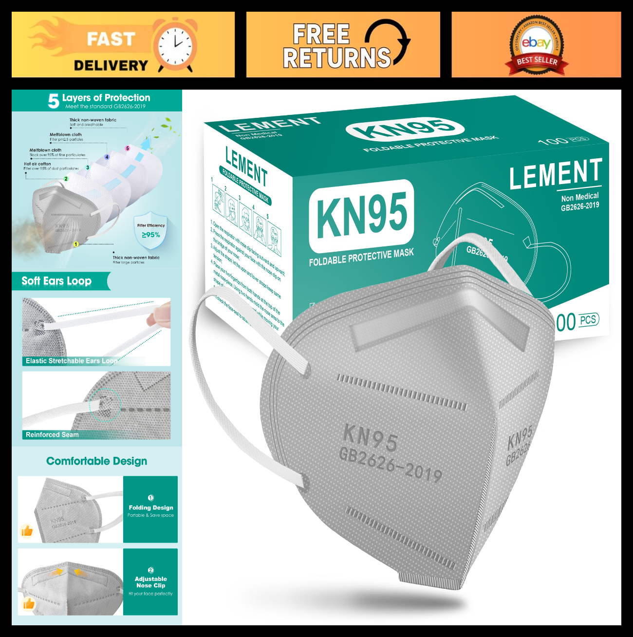 100 Pack KN95 Face Masks   Breathable Disposable Dust Protection for Adults, Gre0
