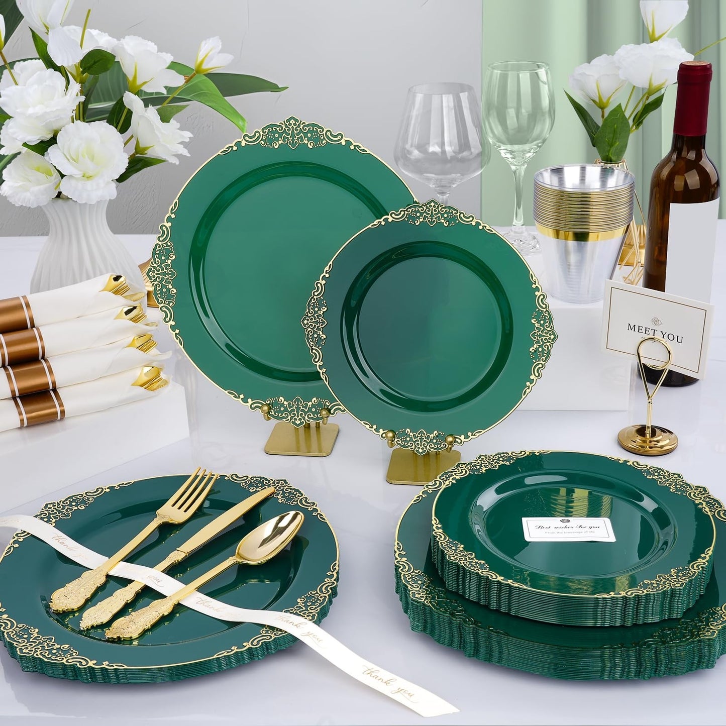 350-Piece Green & Gold Disposable Dinnerware Set for 50 Guests | Plates, Silverw4