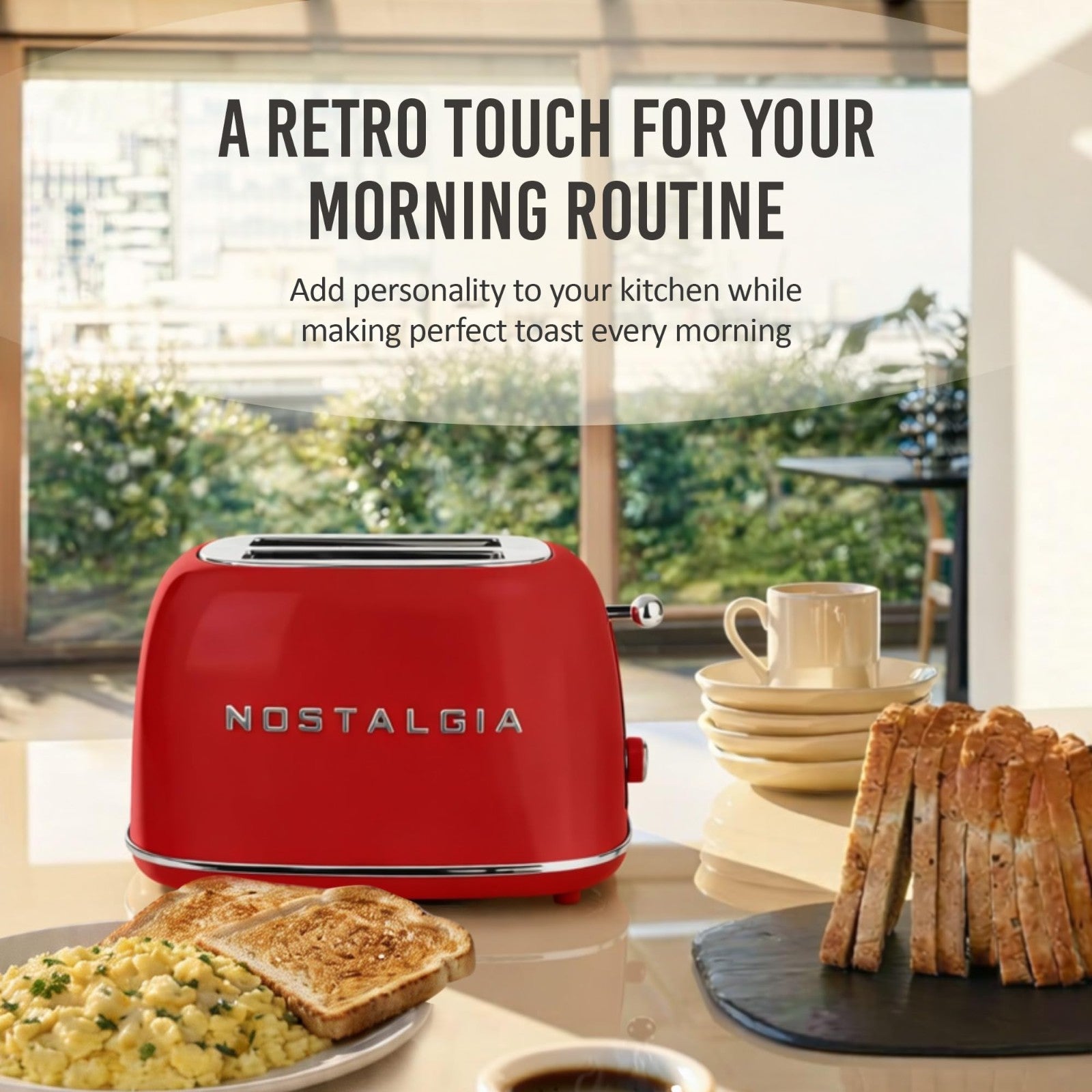 Vintage Retro 2 Slice Toaster   Enamel Steel, Wide Slots, 6 Toast Levels, Red2