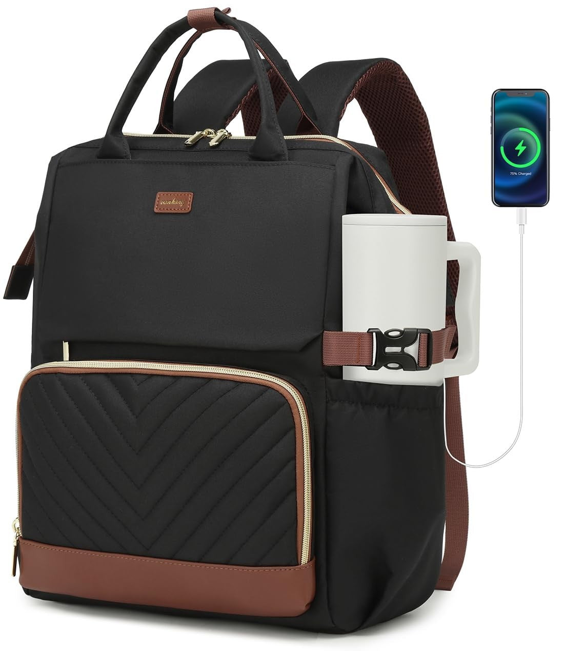 Stylish Work Backpack for Women, Laptop Bookbag with USB Charger & Cup Holder, I1