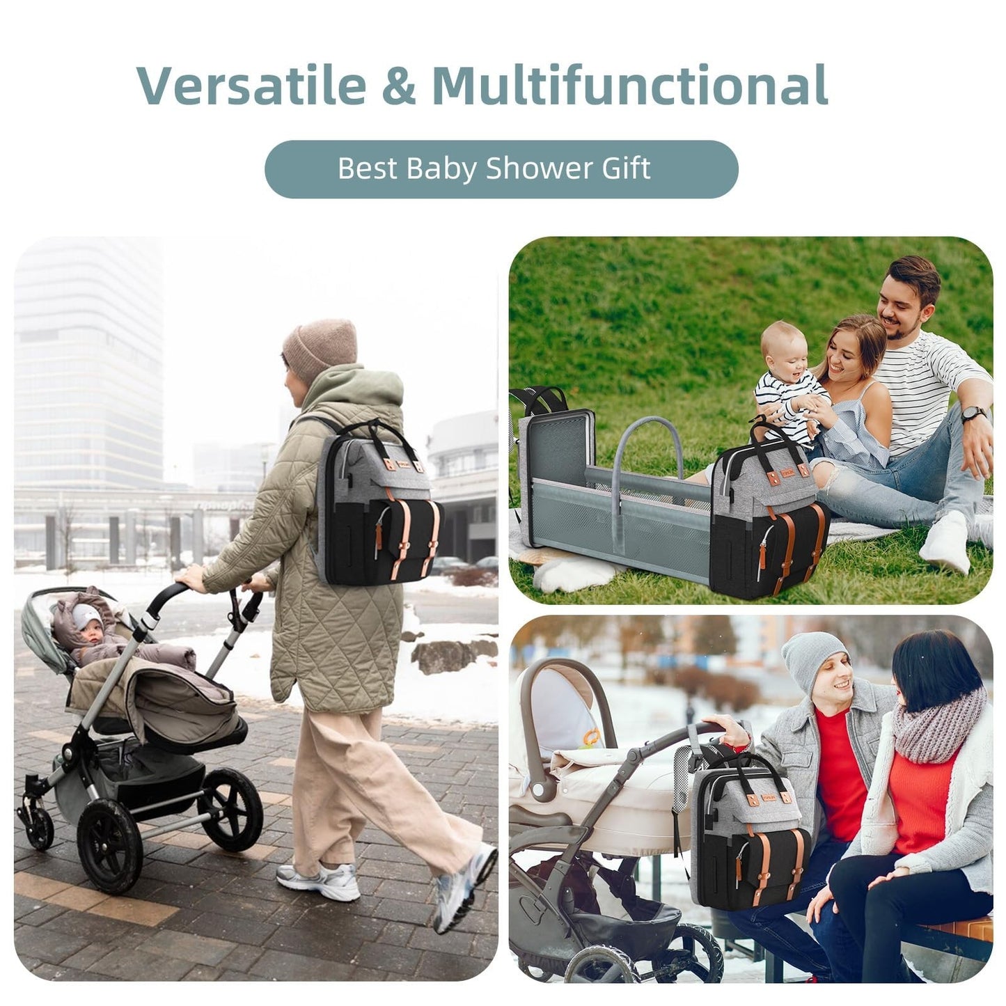 Diaper Bag Backpack with Changing Station   Stylish Baby Diaper Bag, Grey/Black6