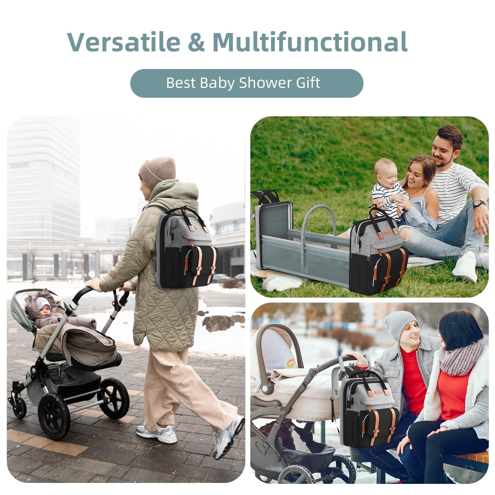 Diaper Bag Backpack with Changing Station   Stylish Baby Diaper Bag, Grey/Black6