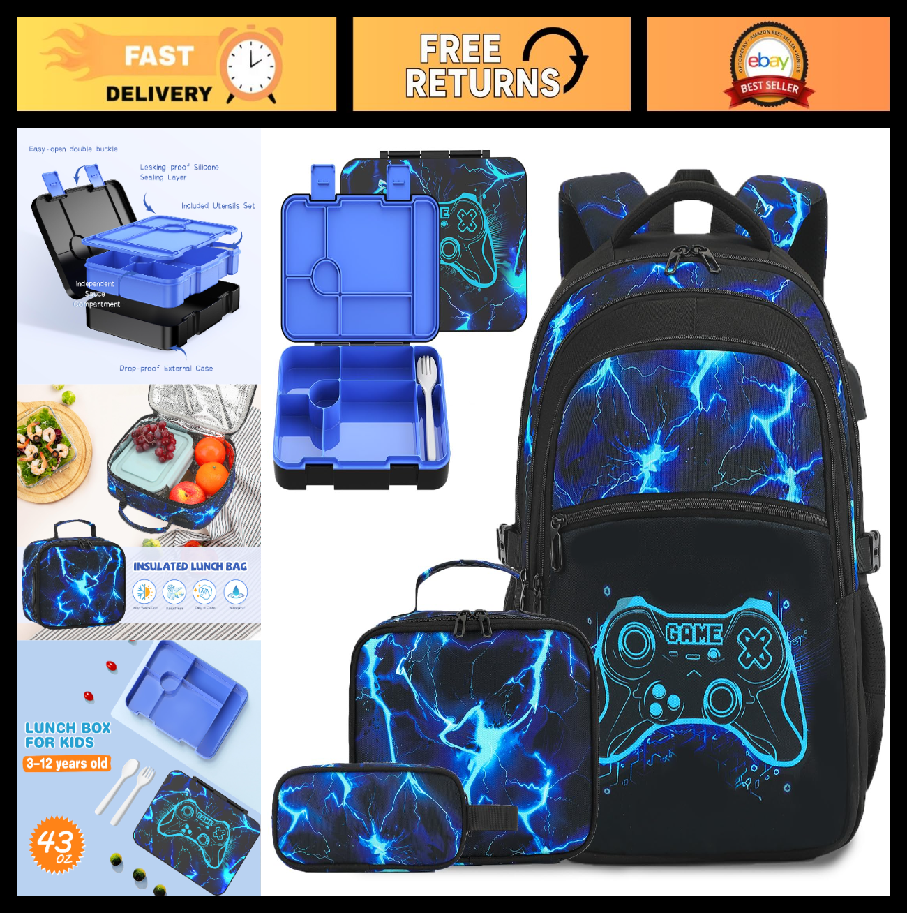 Cool Luminous Gamer Backpack Set for Boys   6PCS with Lunch Bag & Pencil Case, S0