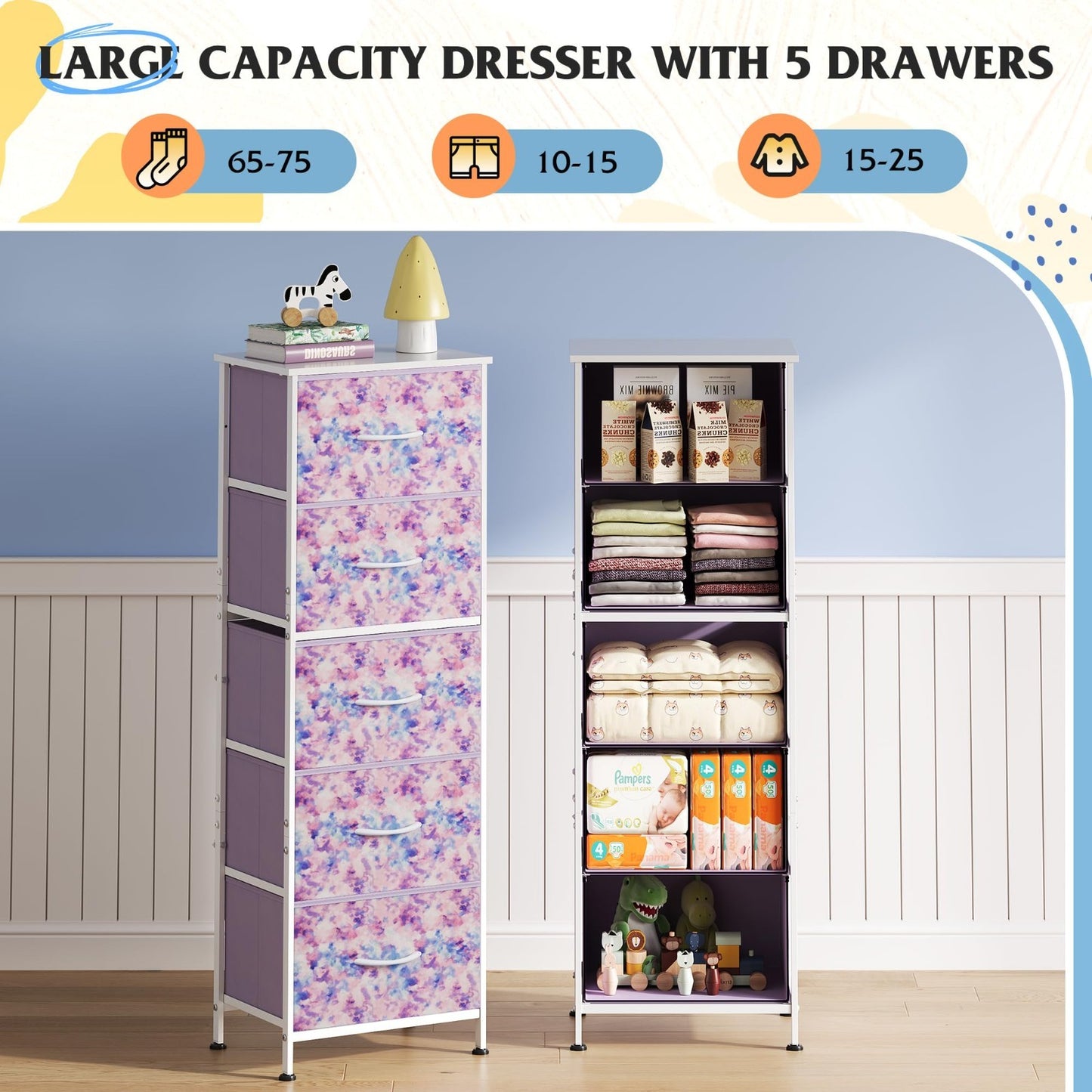 Tall Dresser for Bedroom - 5 Drawer Vertical Fabric Chest, Tie-Dye Design, Space3