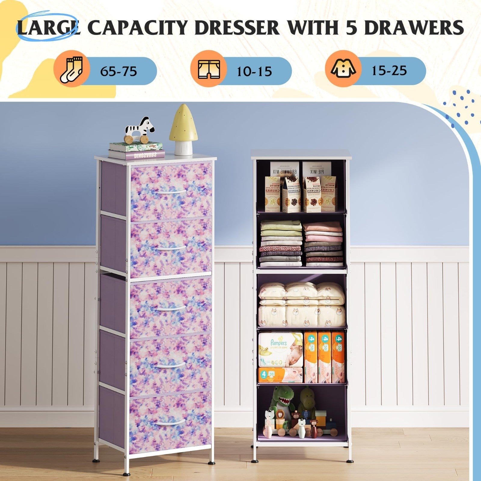 Tall Dresser for Bedroom - 5 Drawer Vertical Fabric Chest, Tie-Dye Design, Space3