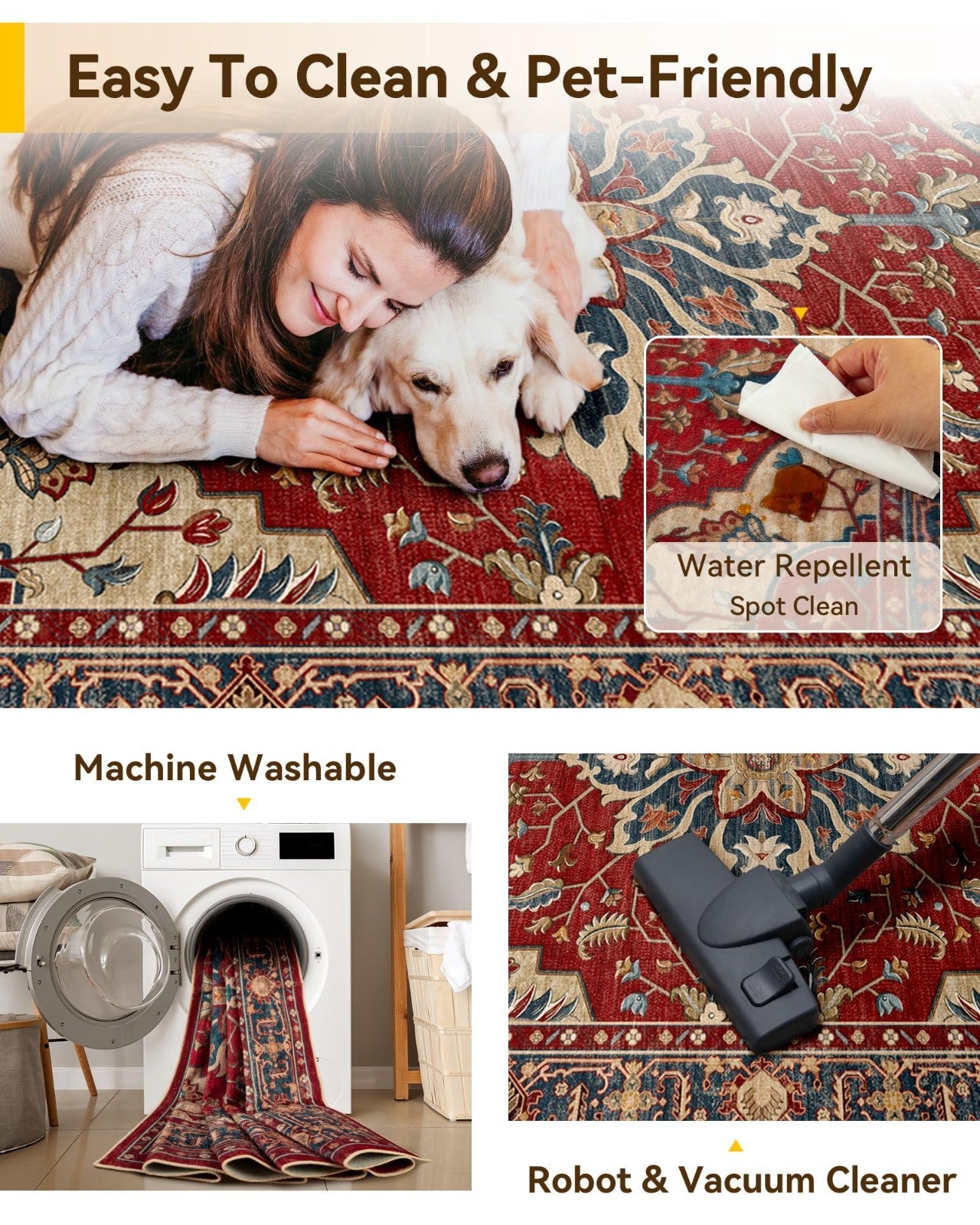 Washable 8'x10' Area Rug   Non Slip, Water Repellent, Pet Friendly Vintage Flora4
