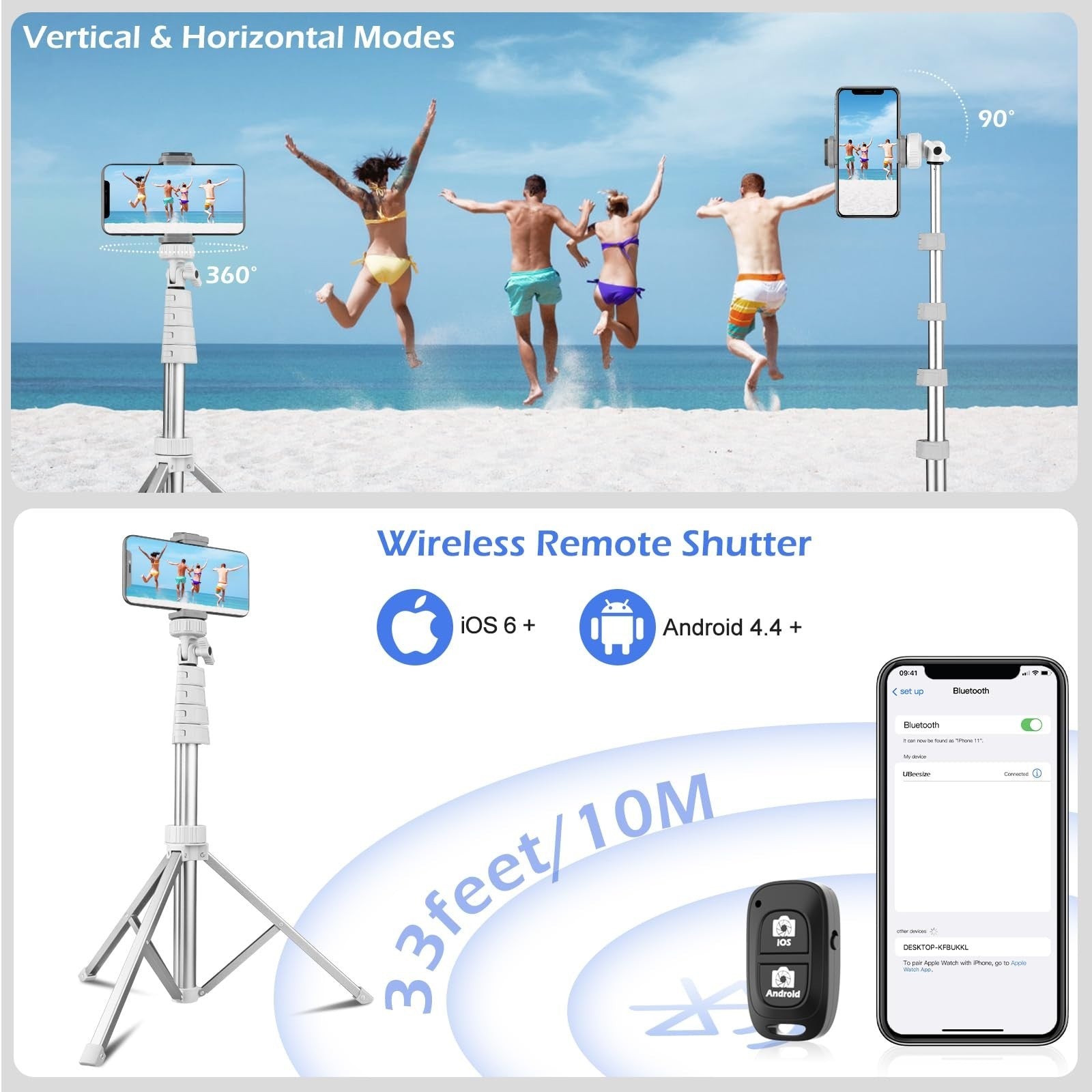 67" Adjustable Phone Tripod & Selfie Stick, Wireless Remote, Compatible with iPh4