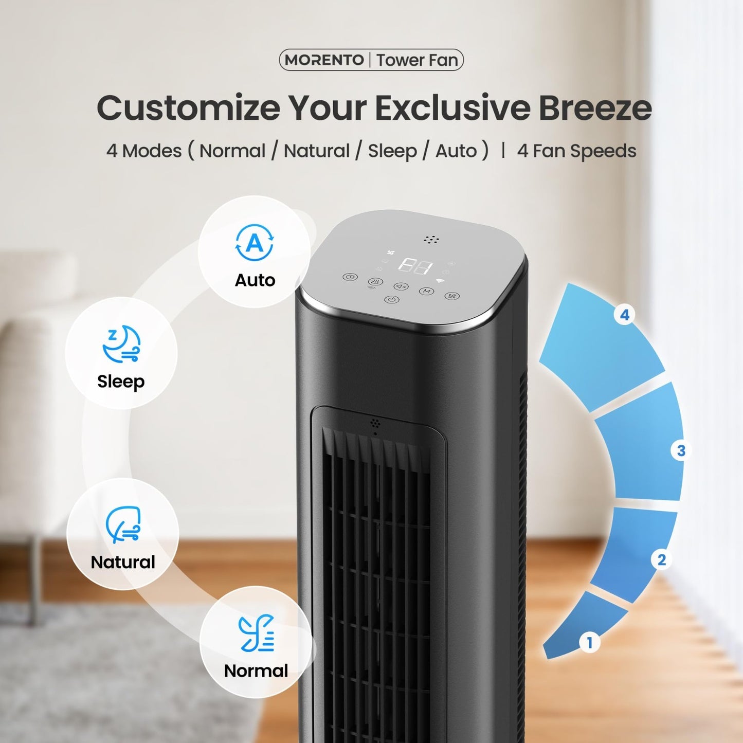 43" Smart Tower Fan   90° Oscillation, 12H Timer, 4 Modes, Quiet 28dB, Remote Co3
