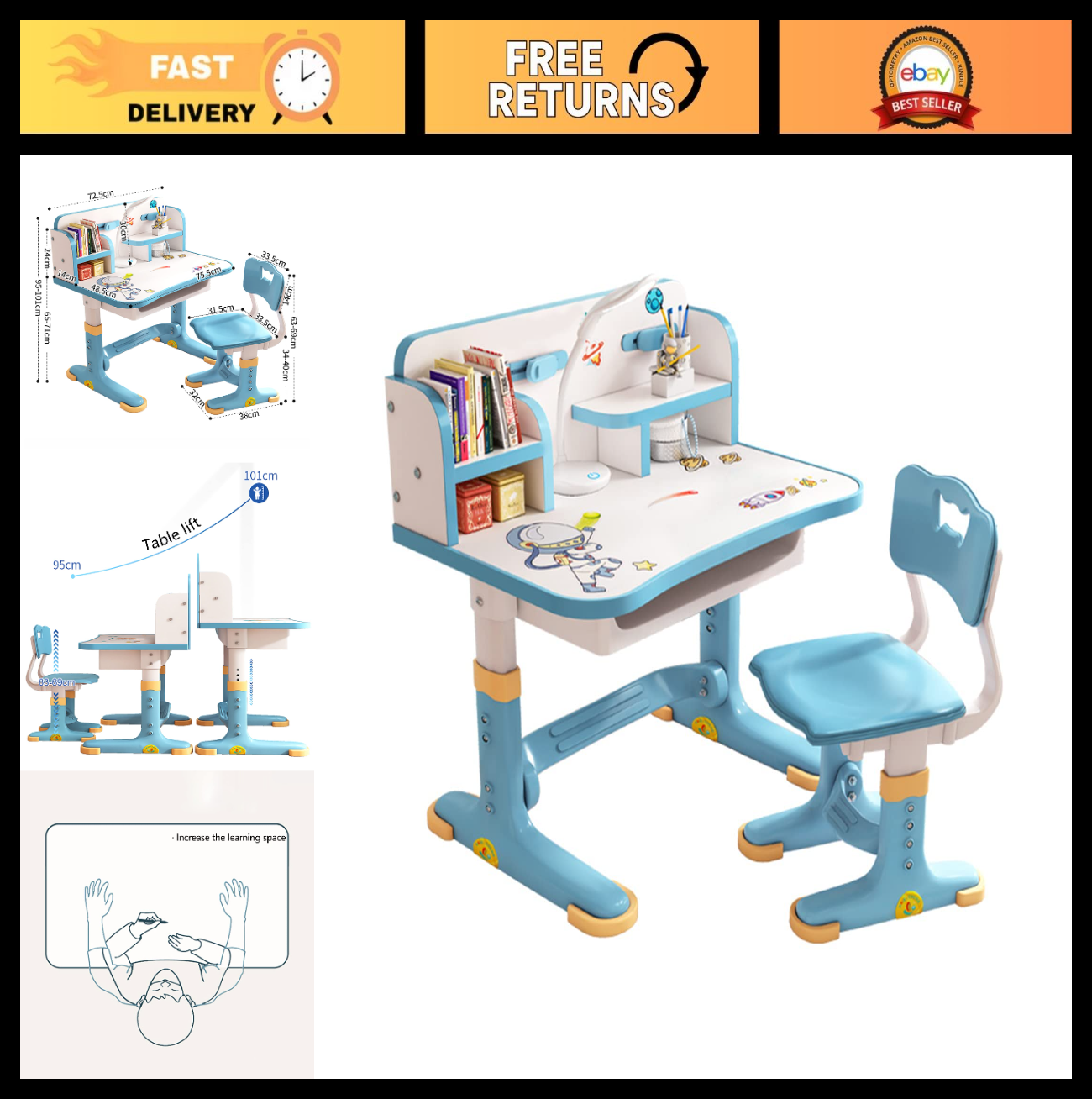 Kids Adjustable Height Study Desk & Chair Set, Widened Desktop, Cartoon Design,0