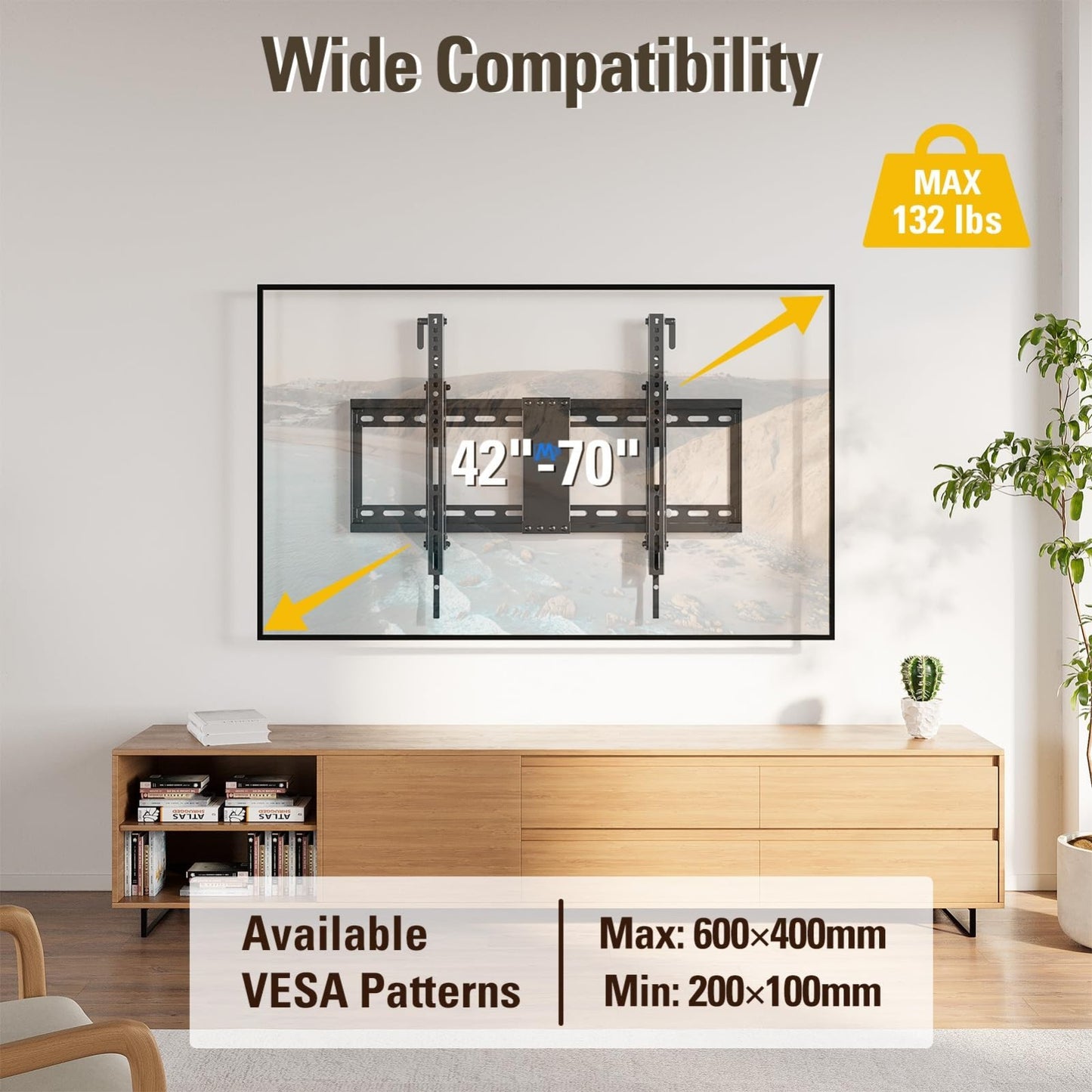 Universal Tilt TV Wall Mount for 42 70 Inch TVs, VESA 200x100 to 600x400mm, 20°4