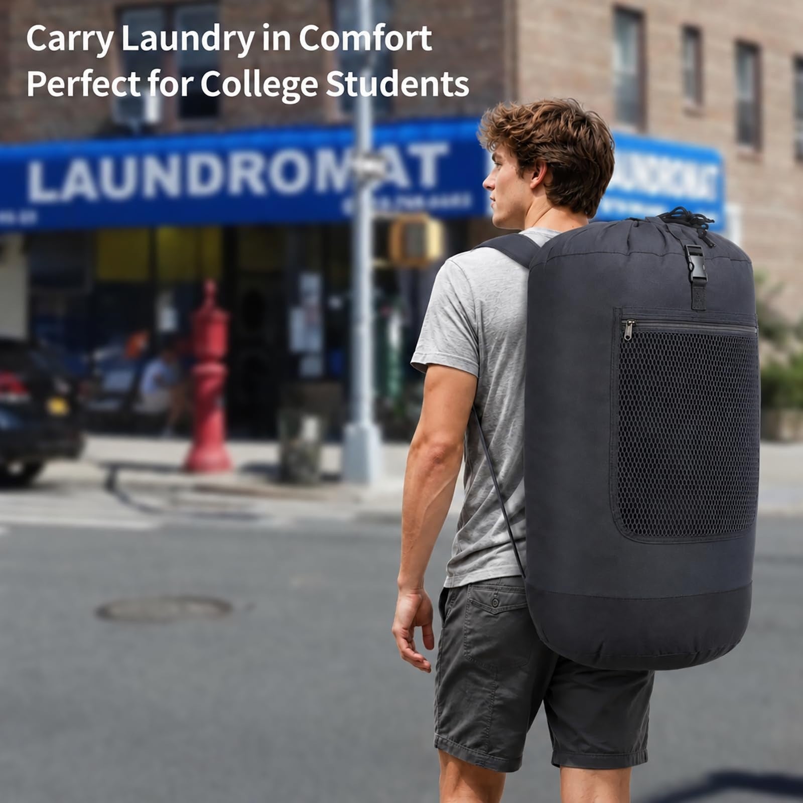115L Laundry Backpack Bag - Heavy-Duty, Wide Straps, Mesh Pocket, Drawstring - D8