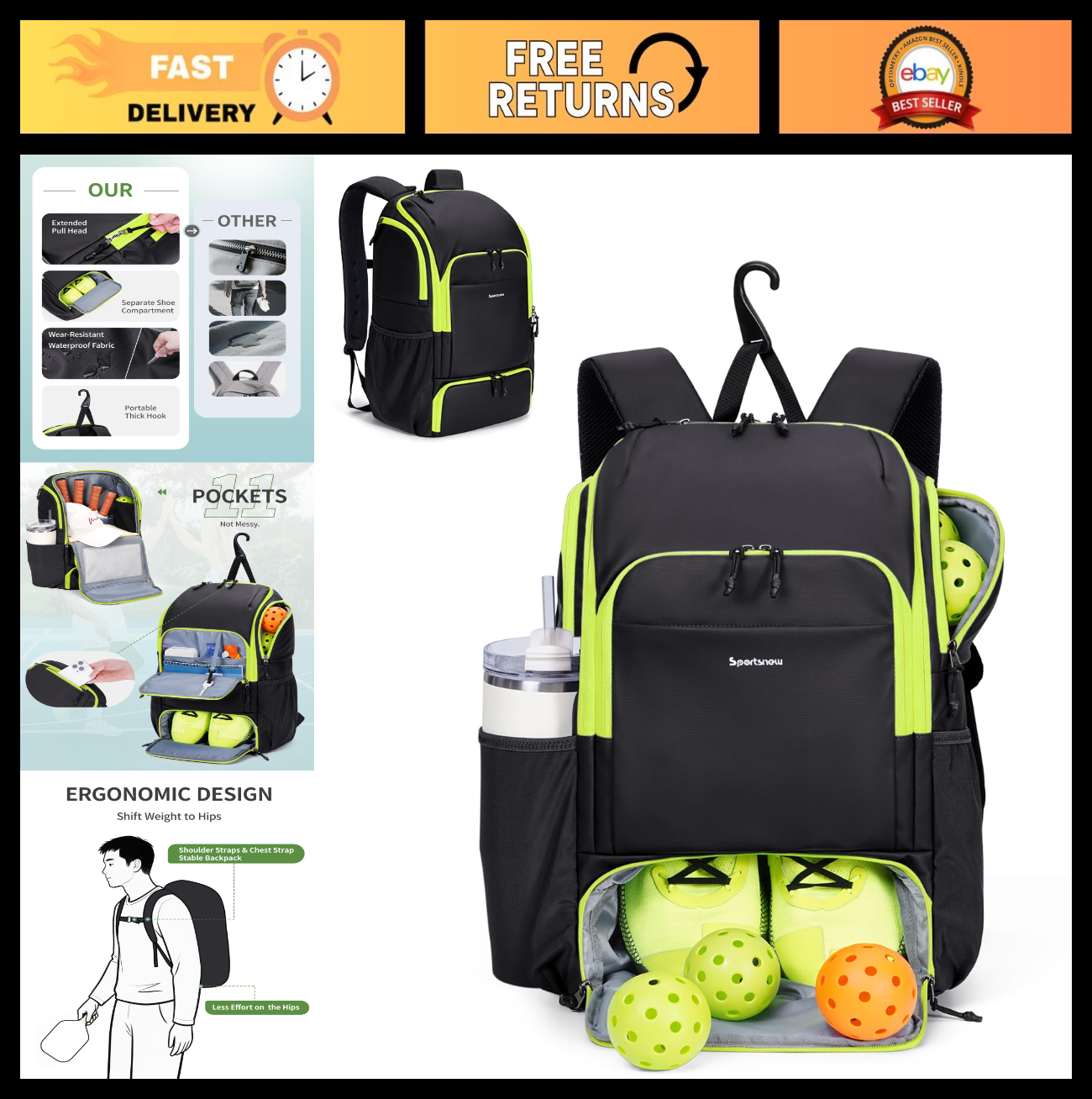Waterproof Pickleball Bag with Shoe Compartment & Fence Hook | 30L, 2 Pockets, A0