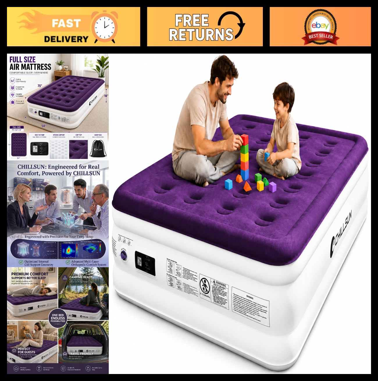 18" Raised Full Air Mattress with Built in Pump, Flocked Top Inflatable Bed for0